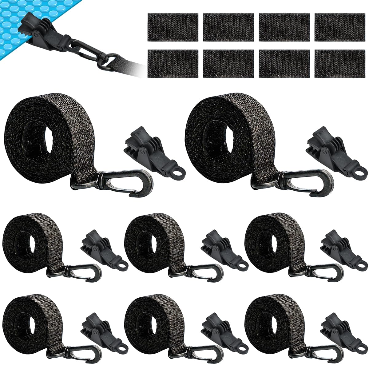 Juego de 8 Enrollador para Piscina, Dispositivo de Enrollado, Cintas de Sujeción con Clips, Cintas de Sujeción y Accesorios, Cinta Enrollador Piscina para Cubiertas Solares Correas de Sujeción