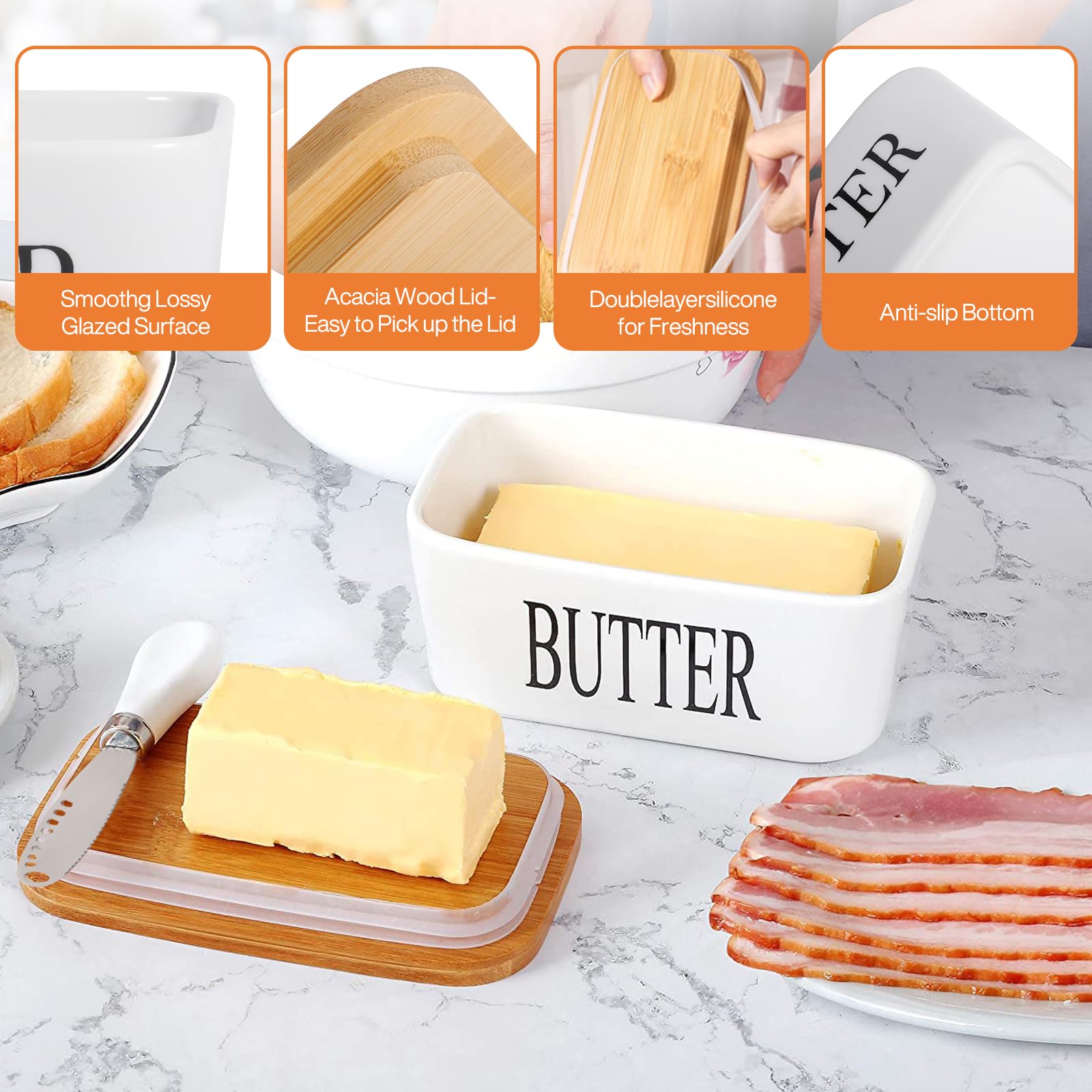 Burriera In Ceramica Con Coperchio In Bambù - Portaburro Da Frigo 16.5x10x7.5cm, Include Coltello E Spugna - Foto 4