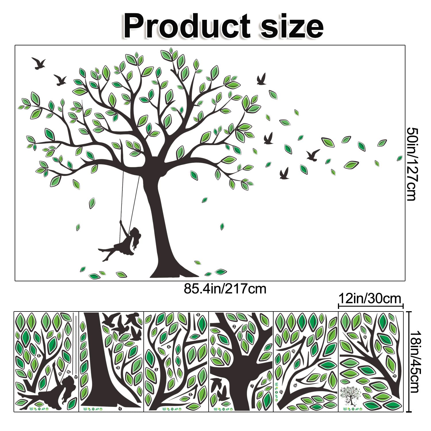 Calcomanía de pared de árbol gigante extraíble con hojas verdes que caen, calcomanía de pared para despegar y pegar, decoración artística de árbol negro para bebés, niños, niñas, dormitorio,