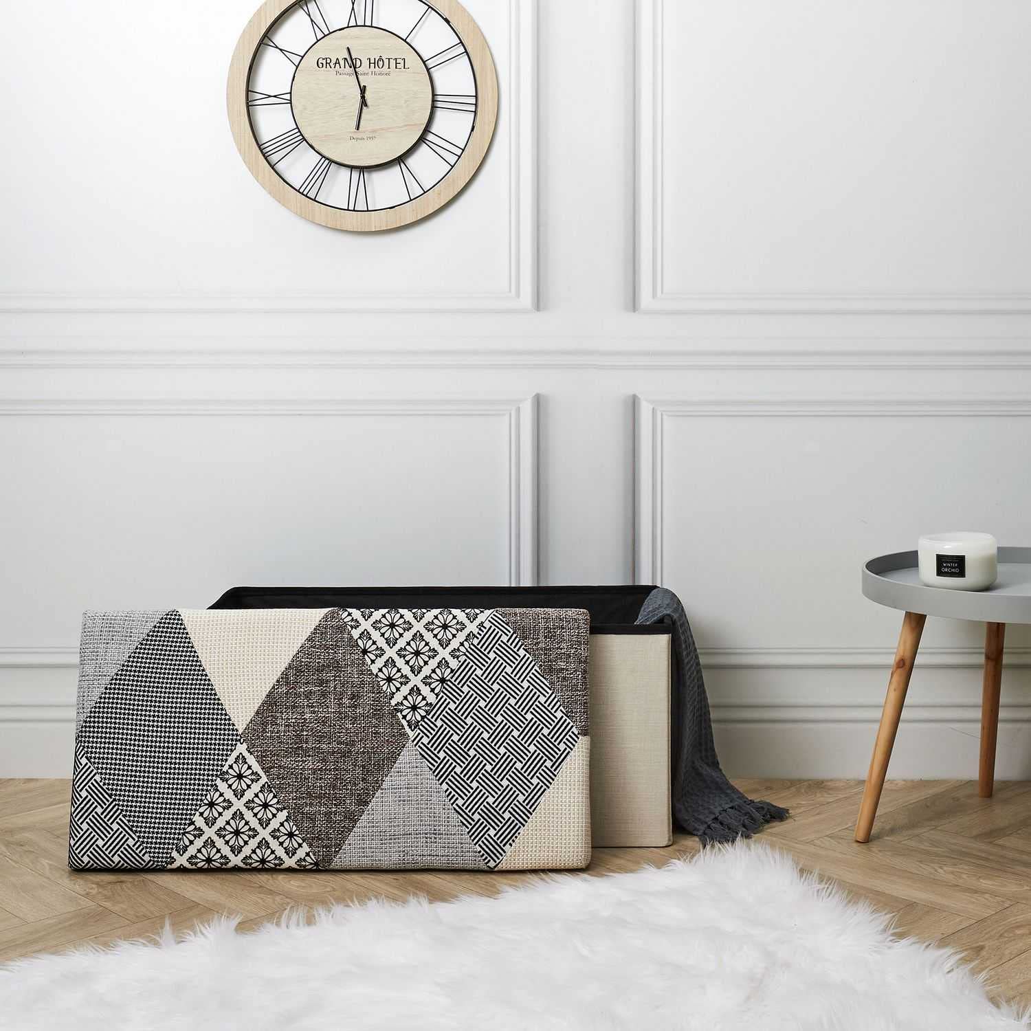 HOME DECO FACTORY Chest, Bench, Patchwork, Grey, Bench, Foldable, for Living Room, Bedroom, Dining Room, Multicoloured, 76 x 38 x 38 cm
