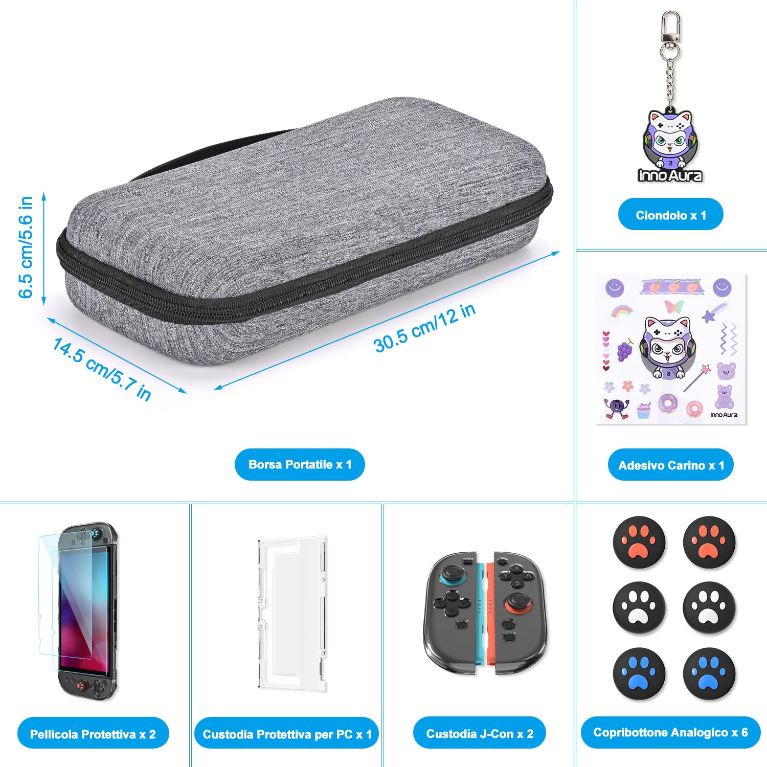 innoAura 14 in 1 Custodia Switch 2 per NS Switch 2 (2025), Switch 2 Case con Custodia da Trasporto, Cover Protettiva, Grip per Levette, Pellicola Protettiva, Ciondolo Carino e Adesivo, Grigio