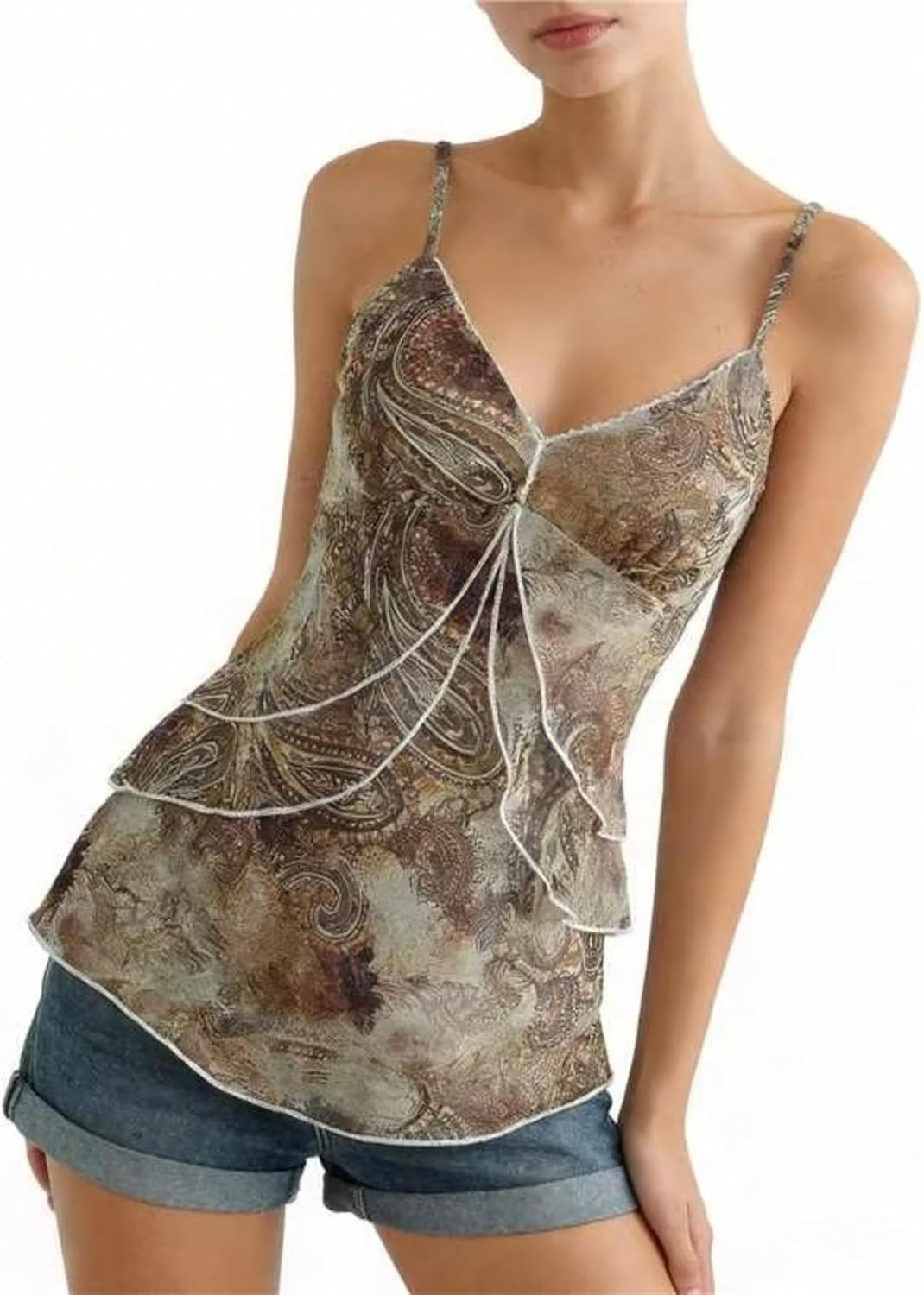 Verdusa Women's Y2k Mesh Tank Top Babydoll Floral Camisole 2000s Clothing Ruffle Going Out Tops - Image 3