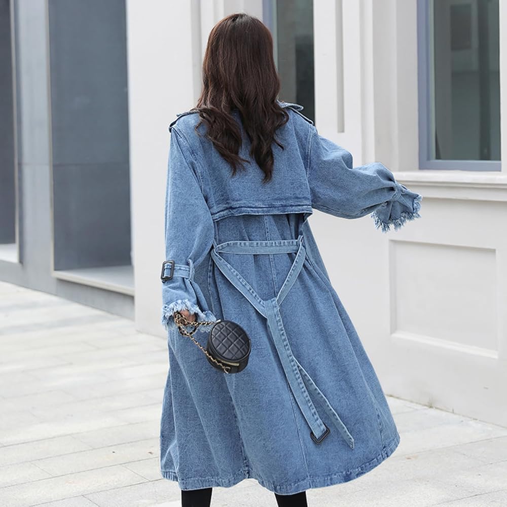 GHJCFVBS Women's Midi Long Casual Denim Jacket Double Breasted
