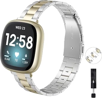TOYOUTHS Metal Strap Compatible with Fitbit Versa 4/Versa 3/Sense 2/Sense, Ultra-Thin Stainless Steel Wristbands Accessories Bracelet Strap Women Men, Gold Silver
