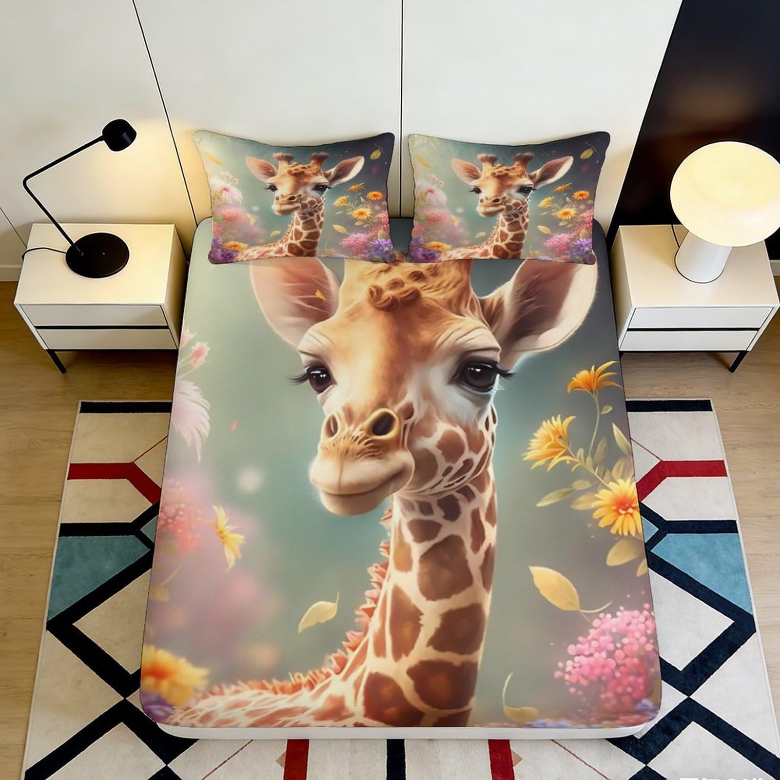 3D Printed Giraffe Fitted Sheet Microfiber Deep Pocket Non-Slip Bedroom Bedding Giraffe Mattress Fitted Cover for Adult Teens 180x200x25cm