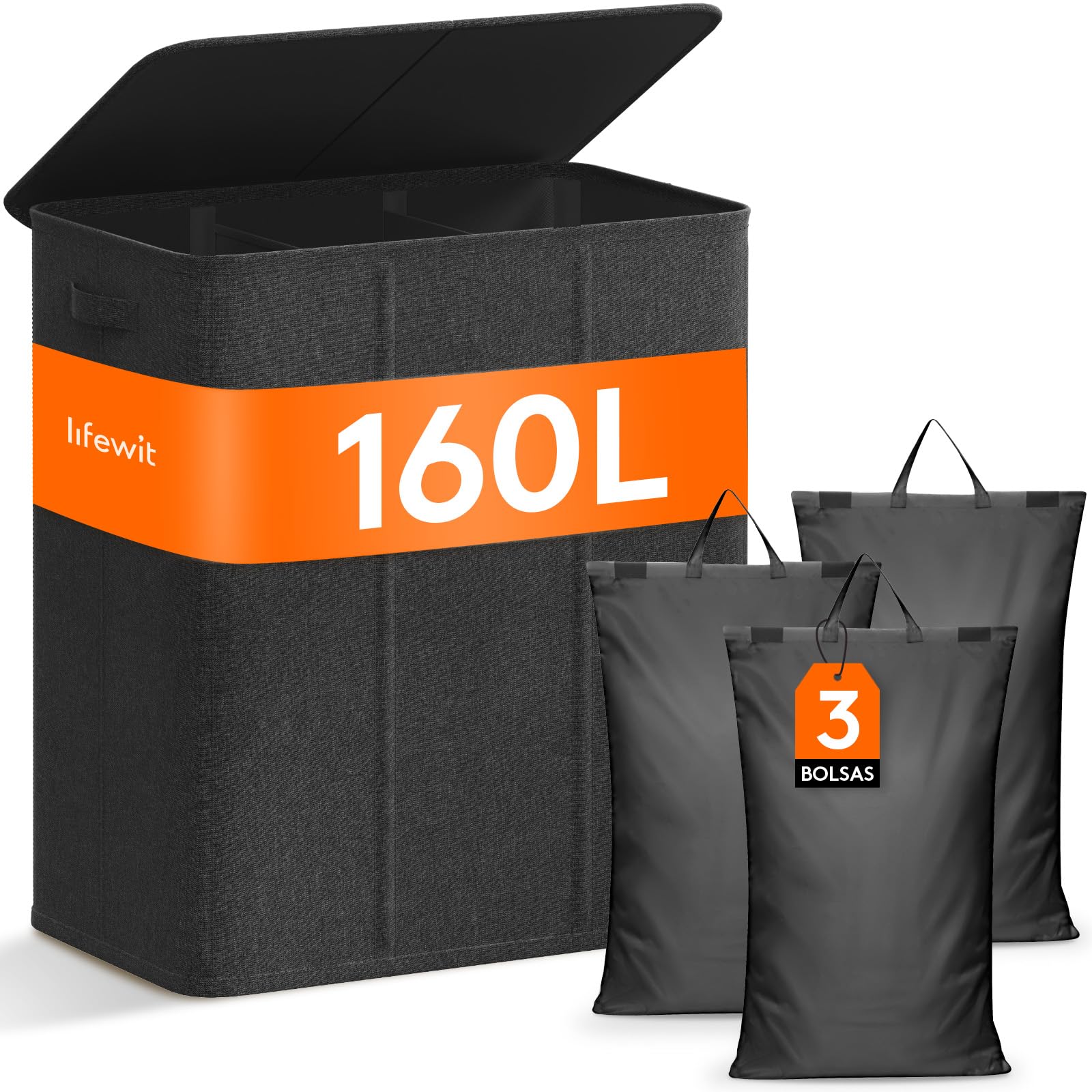 Lifewit 160L Cesto Ropa Sucia 3 compartimentos con Tapa, Grande Cubo Ropa Sucia con 3 Bolsas Para Colada Extraíbles, Cesto Ropa Sucia con Asas para Dormitorio Baño Lavanderia, Gris Oscuro