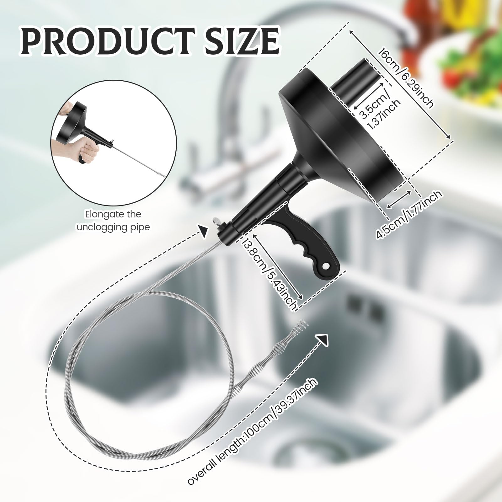 Drain Snake Auger, 33 Feet Plumbing Snake Drain Hair Clog Removal Tool, Professional Plumbing Snake with Gloves, Flexible Claw Grabber Pickup Tool for Bathroom Kitchen Tub Shower Drain Clog Remover