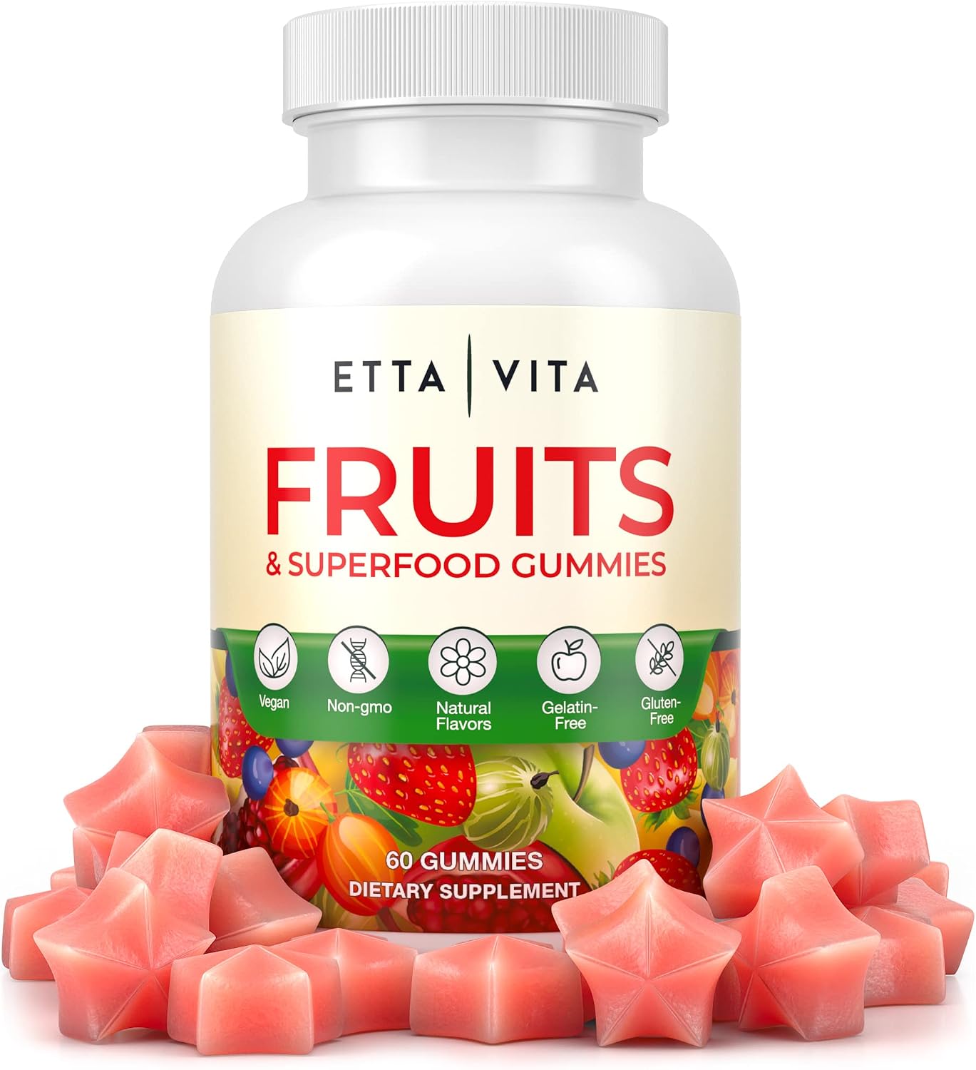 Superfood Fruit Gummies - Real Fruits Chews (60 Ct), 9 Superfruits Supplement for Adults & Kids, Collagen Booster - Immunity & Antioxidant Support, Non-GMO, Pectin-Based, Gluten-Free, No More Capsules