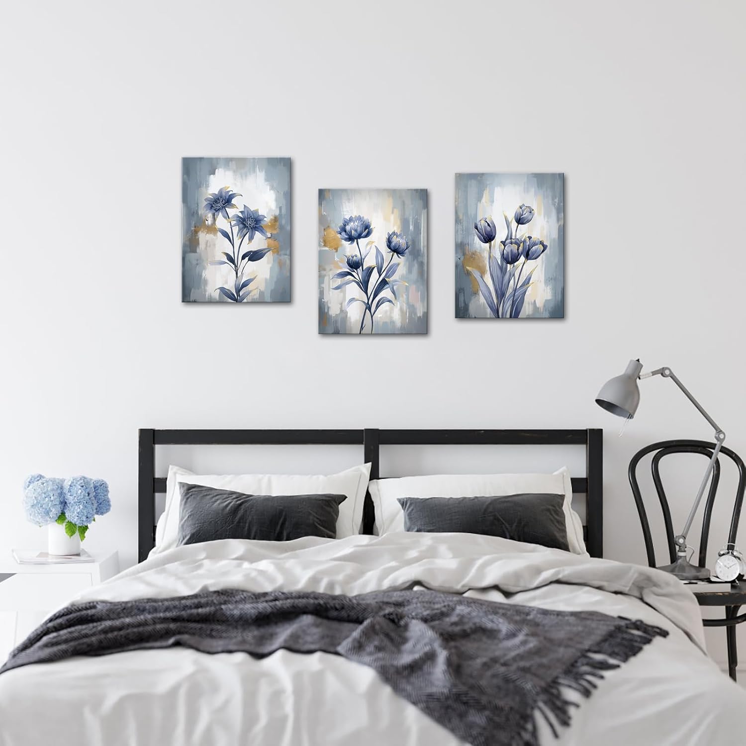 Apicoture Navy Blue Abtract Flower Wall Art Floral Canvas Artwork For Living Room Bedroom Wall Decor Framed 12"x16"x3 Pieces (Blue)