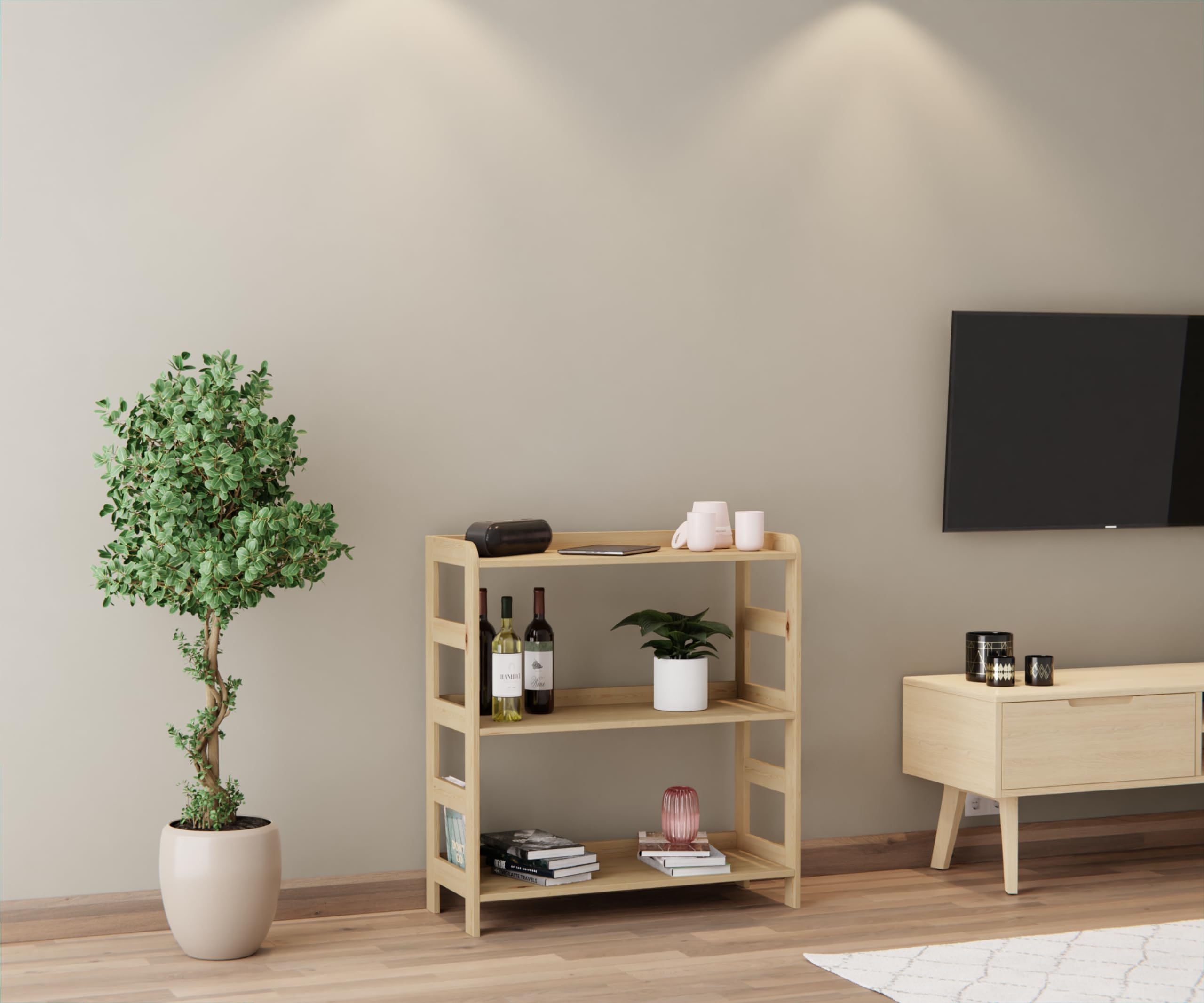 Lenmar Serie R, R-02, mensola in legno, legno di pino, beige chiaro, 5 ripiani, libreria, scaffale in legno, scaffale da parete
