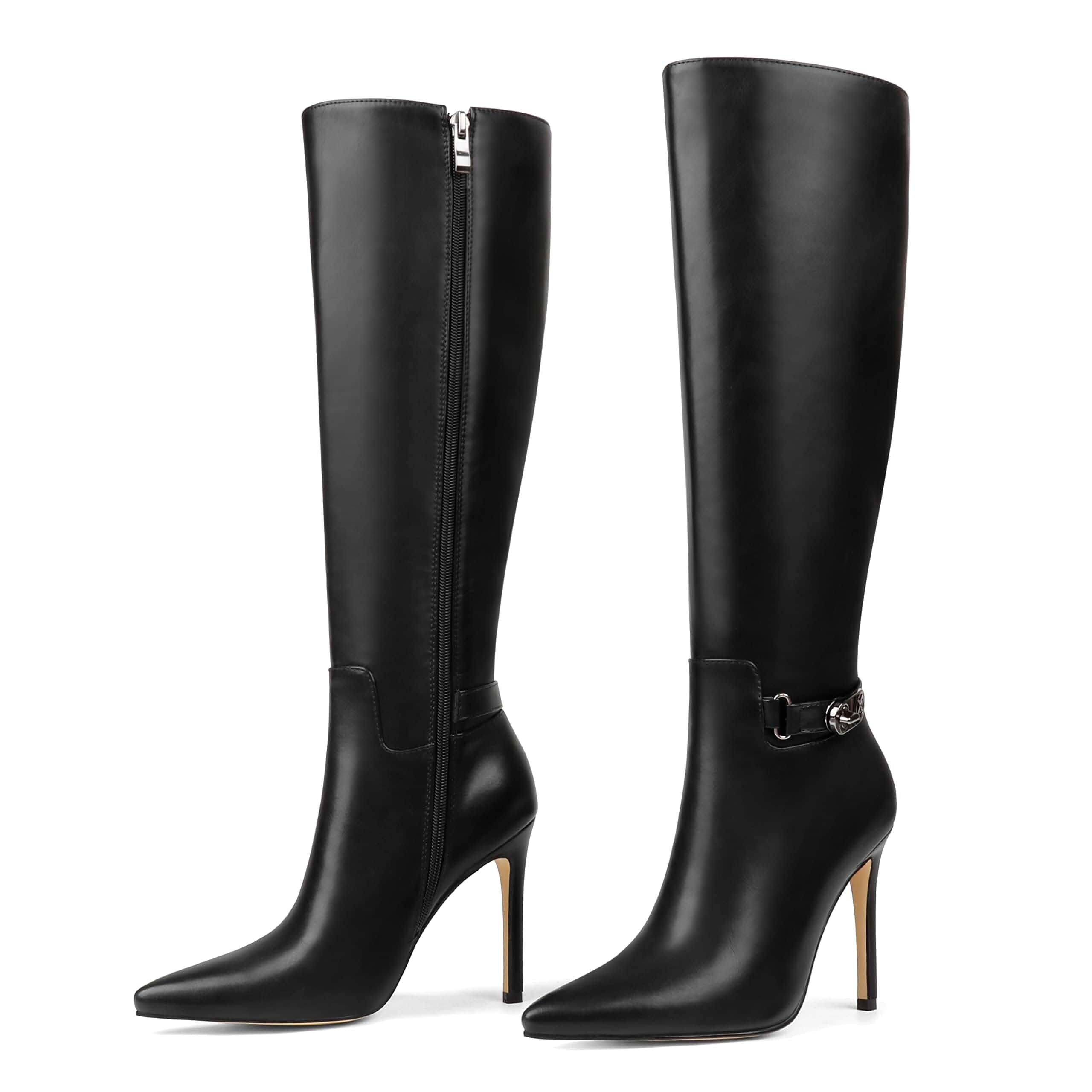 COLETER Women Knee High Boots Pointed Toe Stiletto Buckle Slouch Tall Boots Side Zipper Metal Buckle Tall Dress Boots, Fall Winter Slouchy Long Boots, Evening Bridal Office Heeled Boots