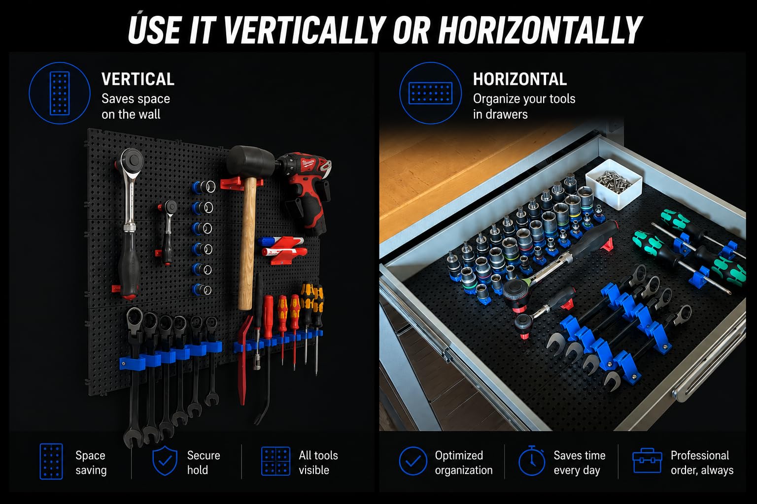 Tablero Organizador de Herramientas, 92 Piezas en Total, 12 Tableros de 150x150mm, 80 Soportes y 100 Tornillos Torx Incluidos