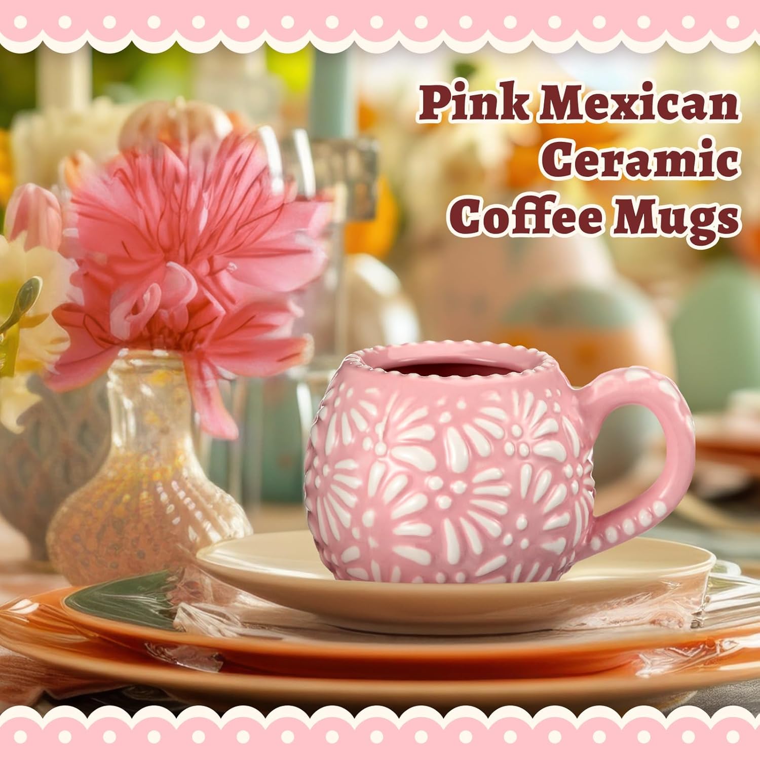 2 Pack Mexican Coffee Mugs Pink Talavera Design Ceramic Coffee Cups Mexican Pottery Mug for Drinking Coffee Hot Chocolate Champurrado Café De Olla Atole Birthday Parties Gifts 12oz