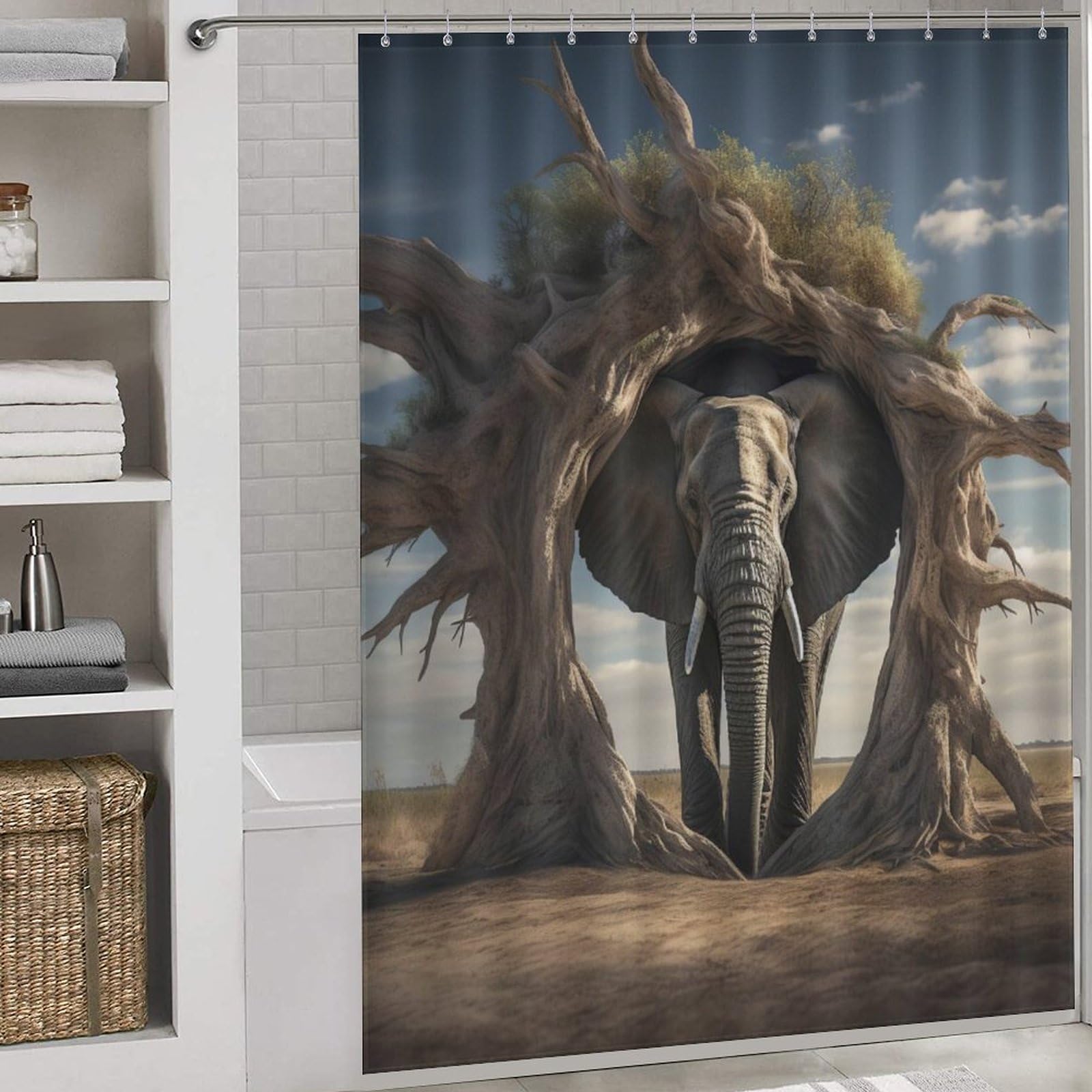 Rideau de douche ElephFourmi en polyester lavable imperméable 168x183cm avec crochets