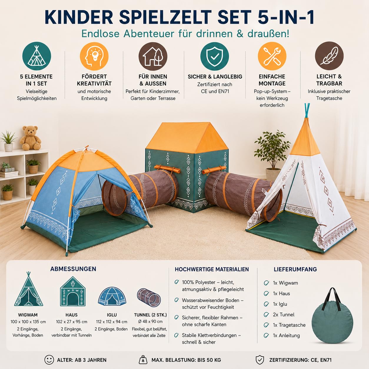 Spielzelt Kinderzelt Kinderzeltgarnitur 5in1 Haus + Tunnels COIL
