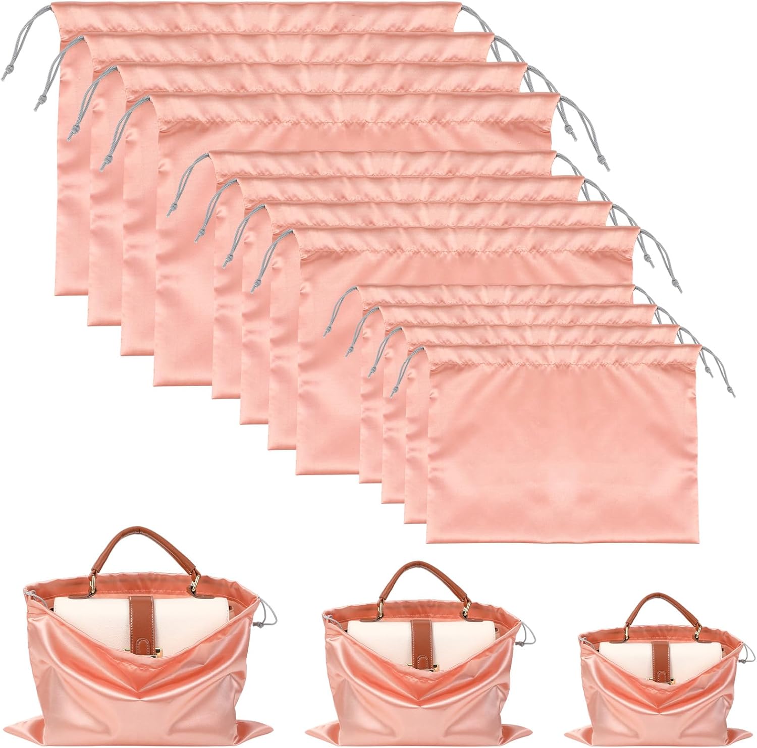 12 Pack Dust Bags for Purses and Handbags - 3 Size Premium Polyester Purse Dust Bags for Storage with Drawstring, Pink Protective Covers for Luxury Bag Shoes Boots Travel Organization