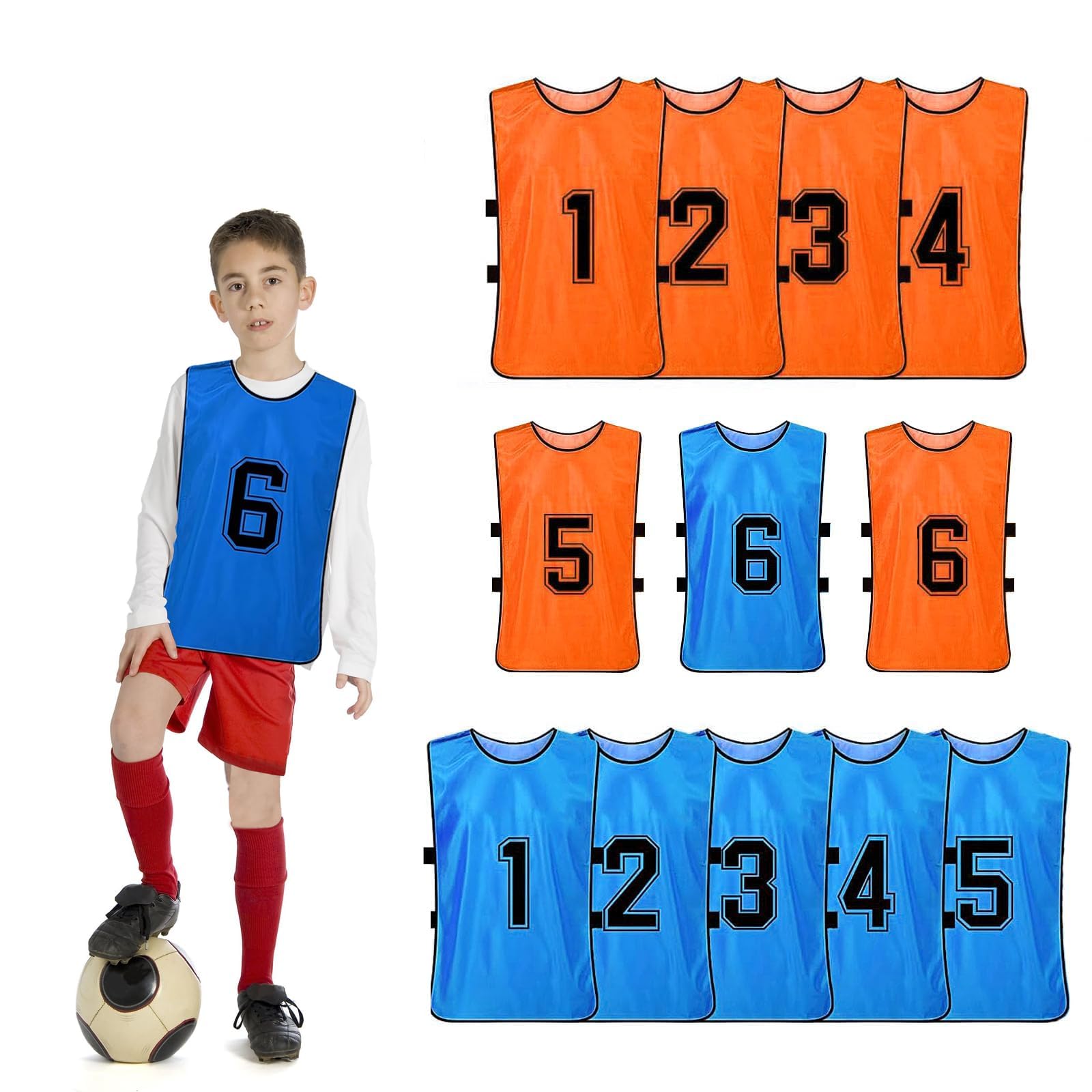 12 Chasubles de Football Enfants, Maillots d’Entraînement Réversibles Numérotés – Gilets de Sport en Maille pour Basket, Foot, Volley, Rugby – Bleu et Orange