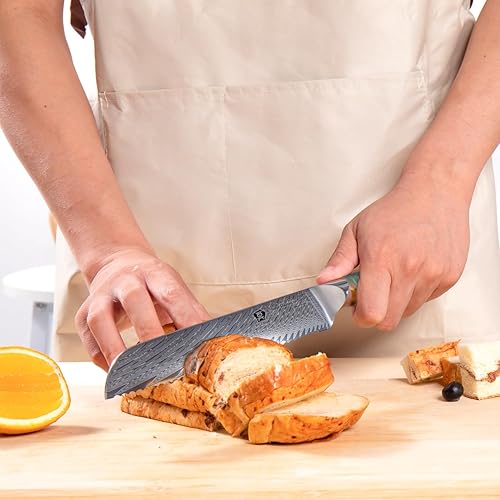 Miniatura 6 de WILDMOK Cuchillo de pan de acero de Damasco dentado, 8 pulgadas, espiga completa ultra afilada, mango de resina, caja de regalo