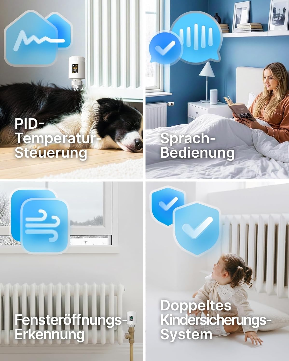 Four icons representing key features: PID temperature control, voice operation, window opening detection, and a double child lock system.