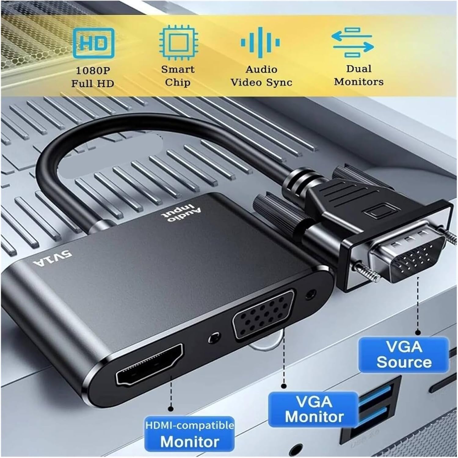 3.5mm Audio and VGA to HDMI-Compatible + Dual Monitor 1-in 2-Out Display Adapter,Compatible for Laptop Desktop PC