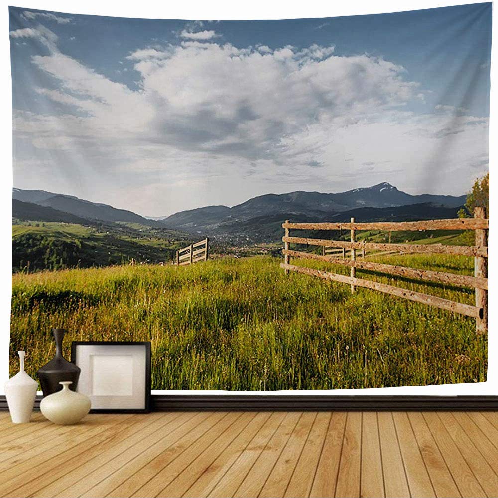 Tapestry Blue Land Rural Wooden Fence Natural Summer Landscape Ranch Nature Green Pasture Farmland Sunshine Beach Tapestry Funny Tapestry for Living Room Bedroom 80x60 Inch