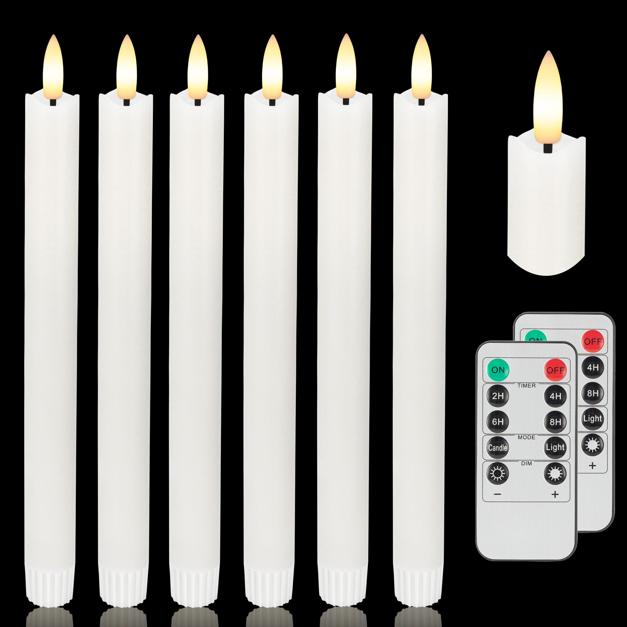 AFINETH Flameless Taper Candles with Two Rmote, 9.6" Real Wax Battery Operated Candles with 3D Wick, 6 Pack Led Candle Flickering Candlesticks,