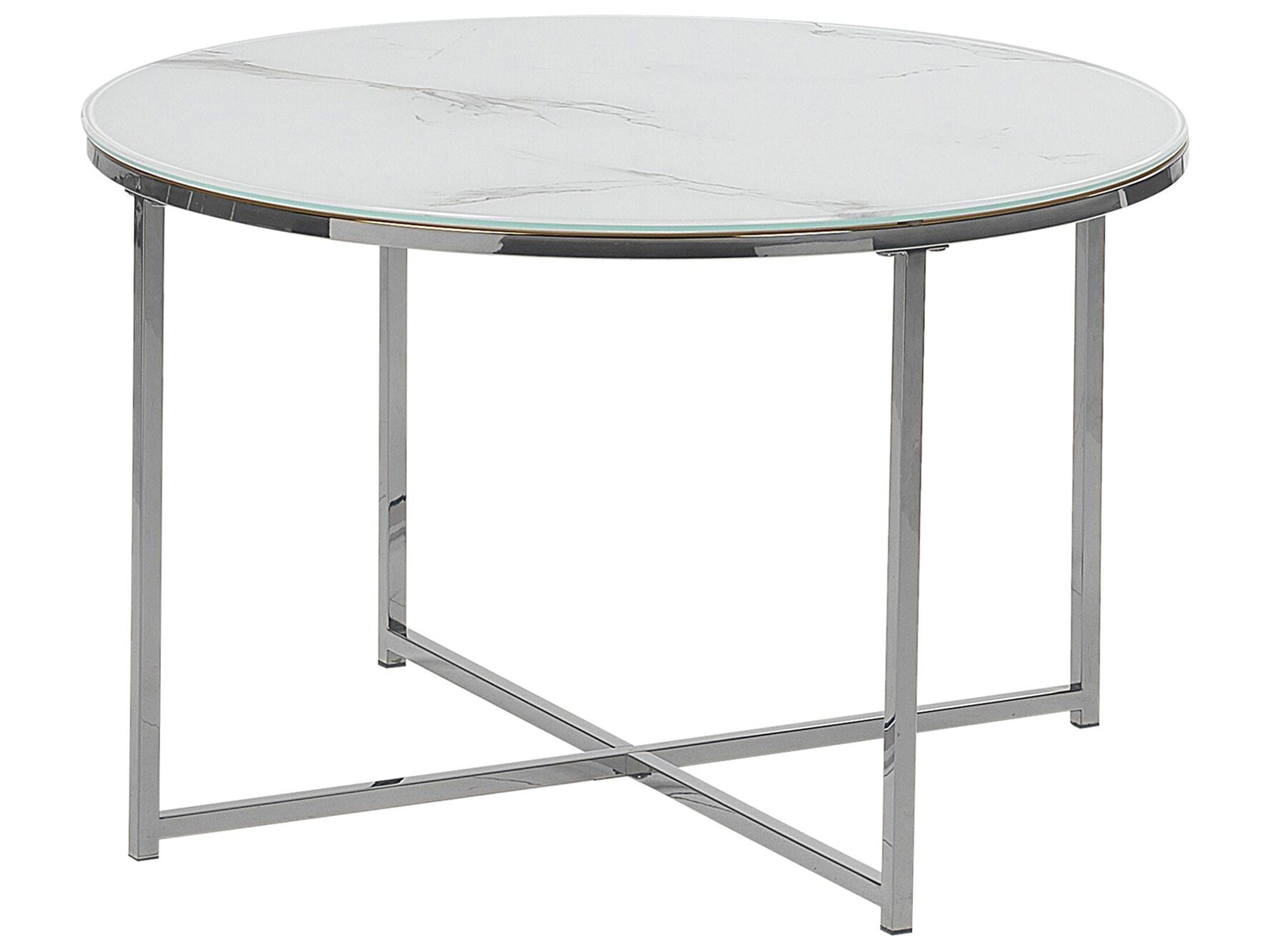 Stolik kawowy okrągły 70 cm efekt marmuru metalowa podstawa biały srebrny Quincy