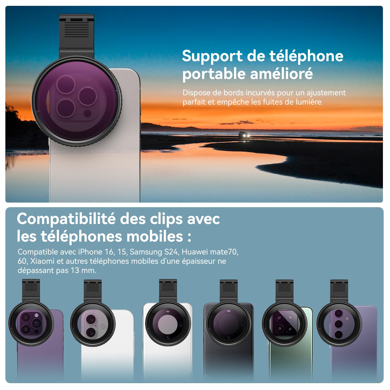 APEXEL Filtre Universel pour Téléphone Portable, Filtre ND2-ND400 Variable de 67 mm, Compatible avec iPhone 17/16/15... Samsung, Xiaomi et Autres Smartphones