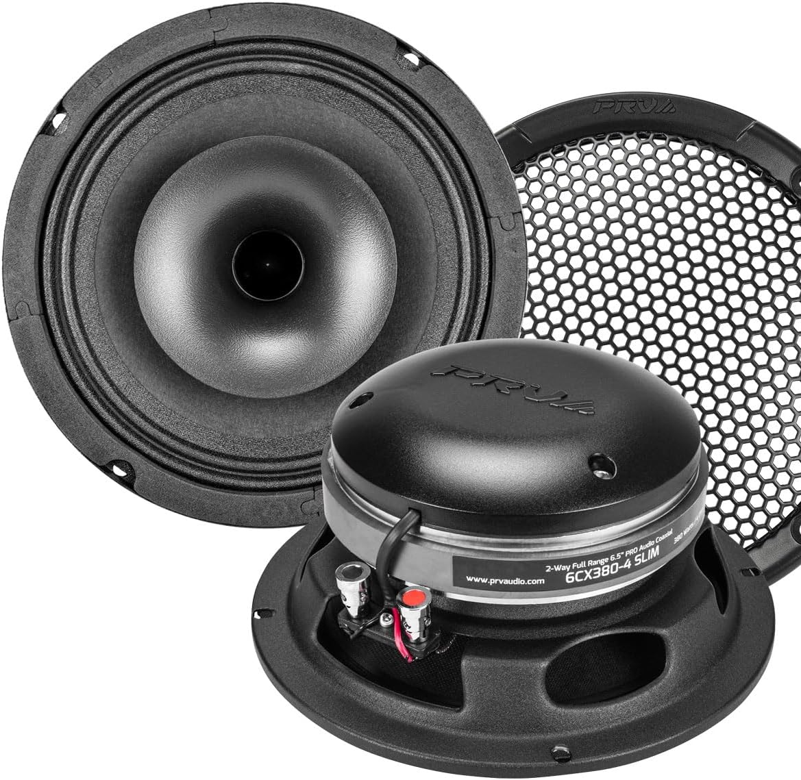 PRV Audio 6CX380-4 Slim 6.5" Shallow Coaxial Car Speakers Pair 380W RMS 4-Ohm with Tweeters & Grills