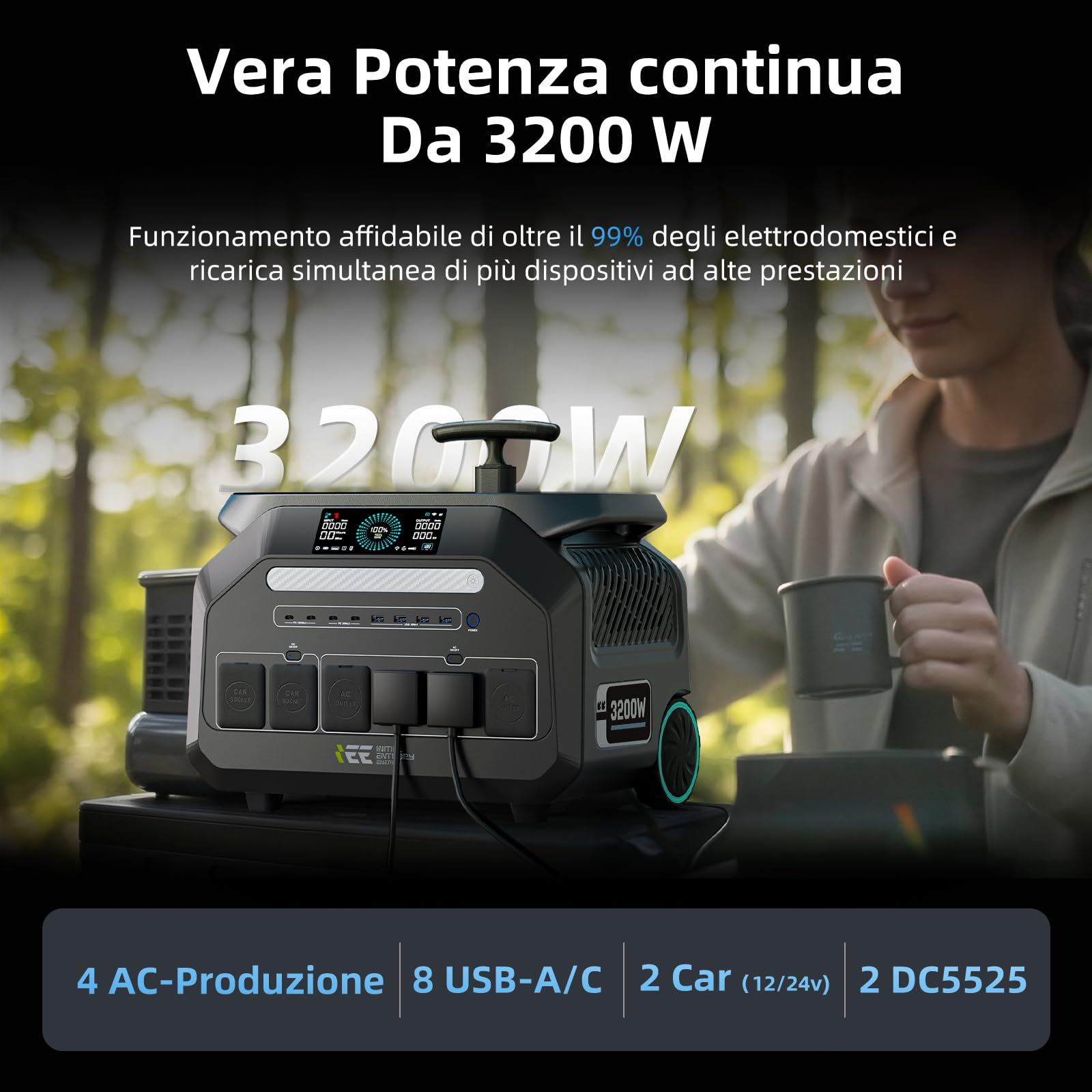 IEE 3200W Centrale Elettrica Portatile P3200 con Pannello Solare 200W, 2048Wh Generatore Solare, Batteria LiFePO4, Ricarica Rapida 1h, APP, 16 Porte, Portable Power Station per Campeggio, Camper