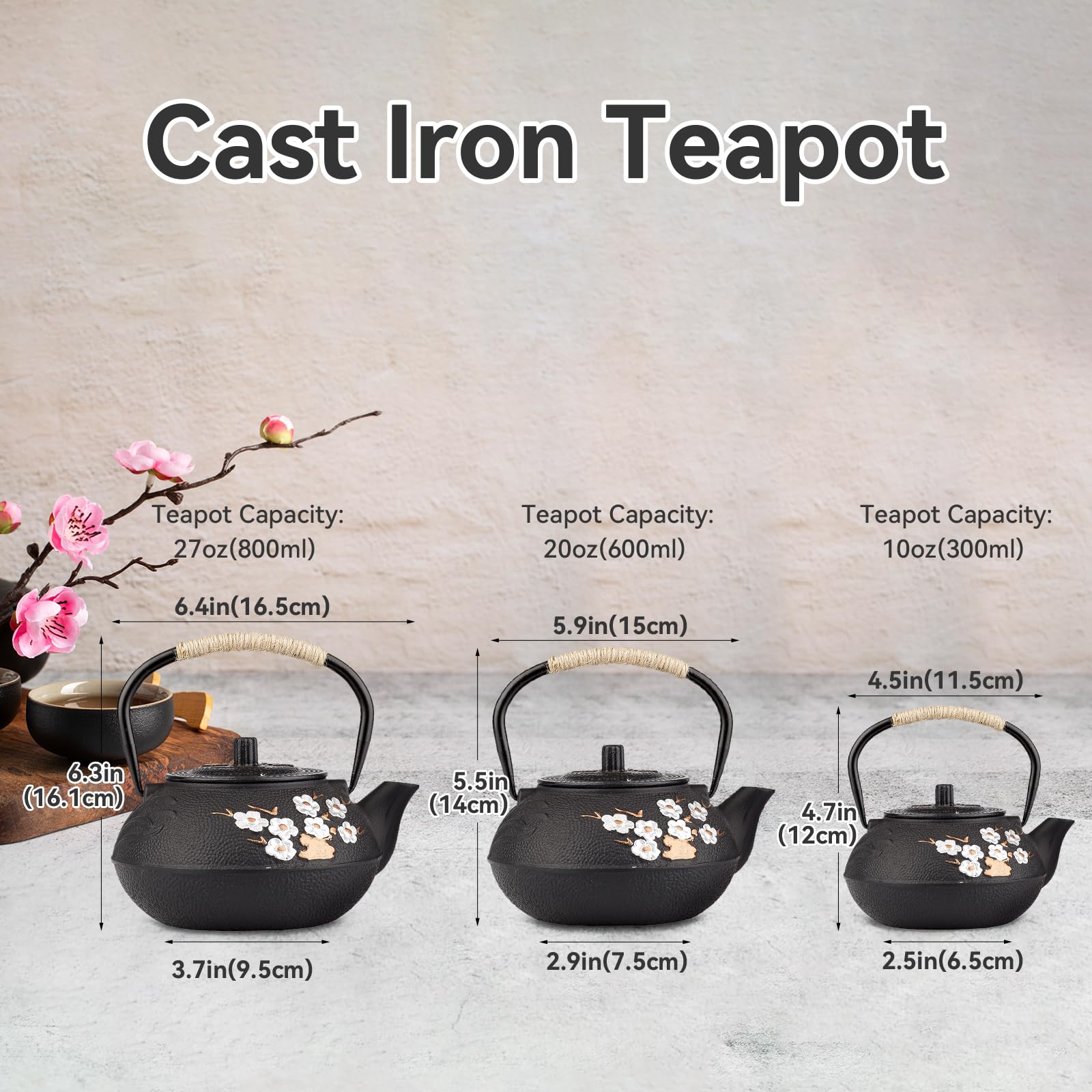 Tetera japonesa de hierro fundido con infusor, tetera de hierro fundido con flor de ciruelo para estufa, revestimiento seguro con interior esmaltado, 27 onzas/800 ml