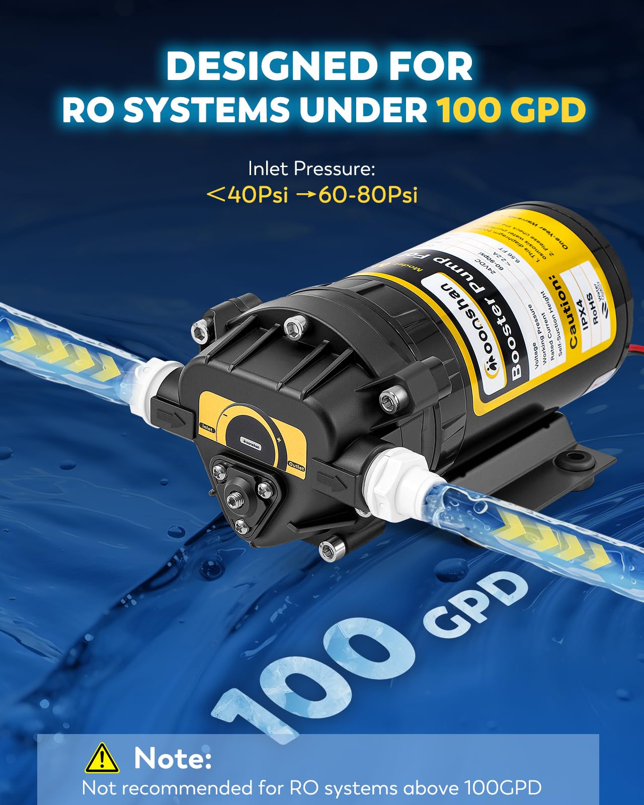 Pompa booster da 100 GPD per sistema RO con kit completo, adatta per sistema di filtraggio dell'acqua a osmosi inversa domestico, design a connessione rapida, interruttore ad alta pressione