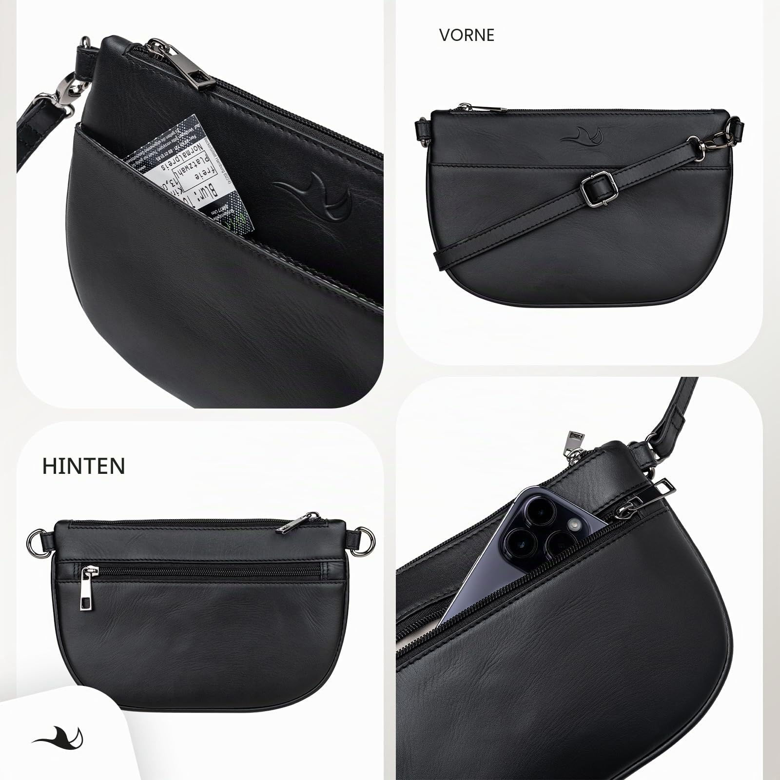 M A N T A Damen-Handtasche aus Echtleder, lässige Abendtasche, kleine Crossbody Bag & Umhängetasche, Clutch, Konzert-Tasche, Festival-Tasche, Damen-Schultertasche & Handytasche, flache Ledertasche