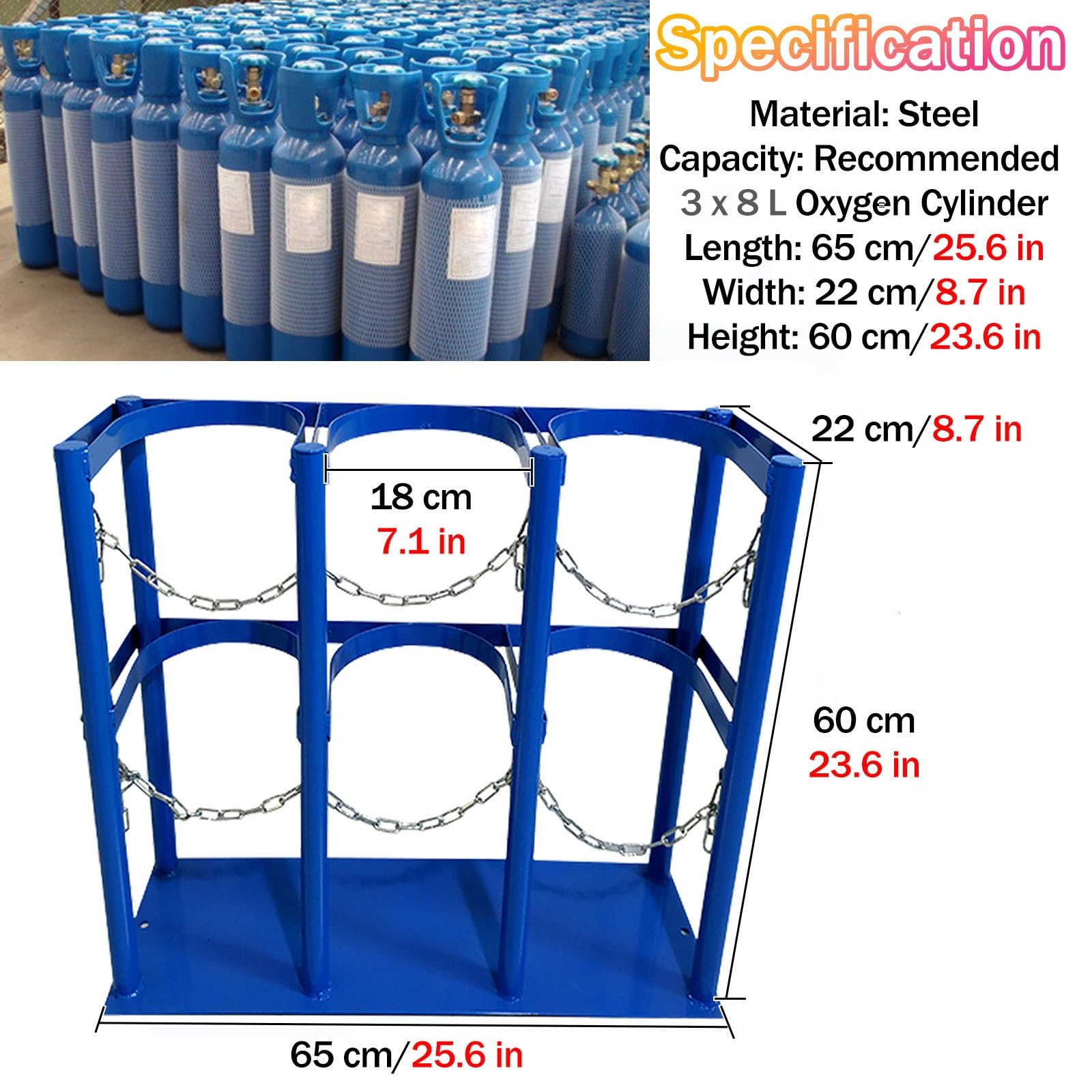 Cilindros de Gas Independientes con Base de Acero, Aptos para Tanques de nitrógeno y dióxido de Carbono/oxígeno de 10 a 34 Pulgadas. Estante para Almacenamiento de oxígeno (65x22x60cm), Idea