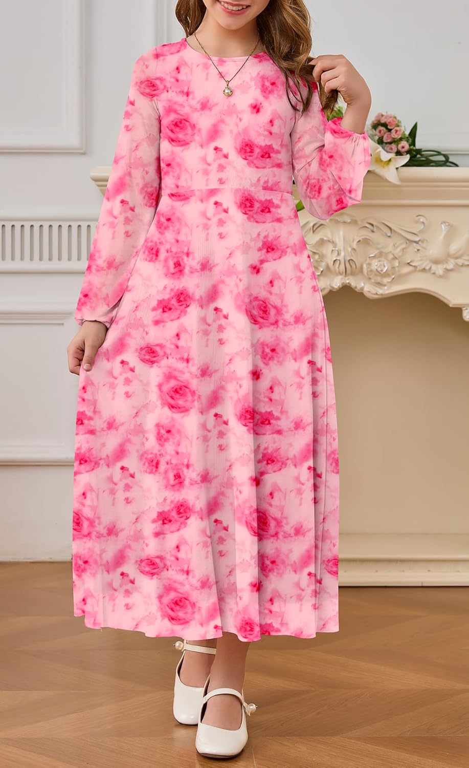 HOSIKA ガールズ 秋 フローラル ドレス パフ 長袖 Aライン フォーマル パーティー ホリデー マキシドレス 6-13 Y