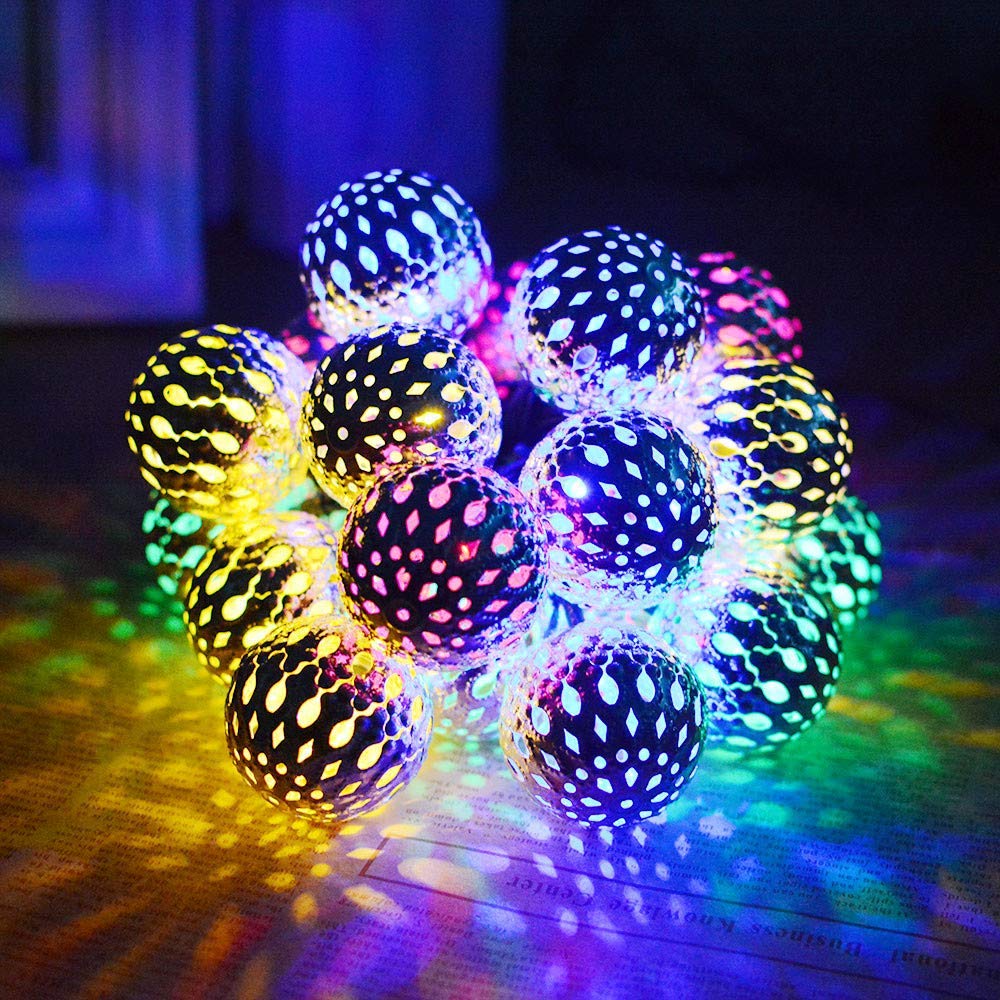 OKQYIMAQQ Solar Metal Ball String Lights Outdoor, 6m 30LED Solar Metal Ball Globe String Lights Waterproof 8 Mode for Garden Yard (Multicolor)