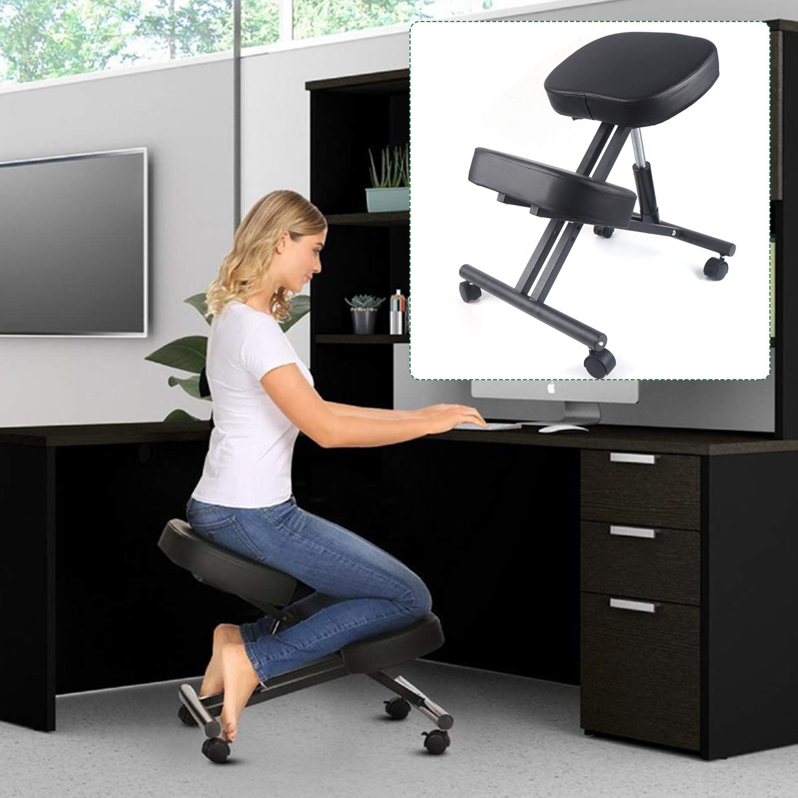 Chaise ergonomique en mousse orthopédique et acier - Correcteur de posture - Coussin de hanche - Pour la maison et le bureau - Noir