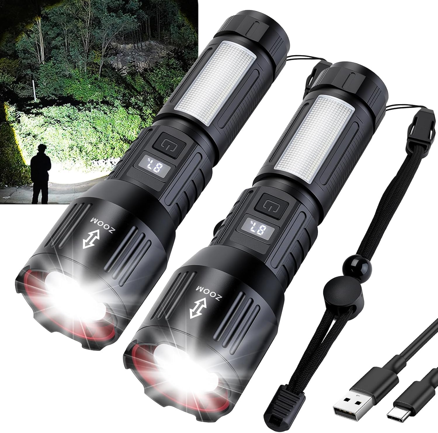Flashlight High Lumens Rechargeable 2 Packs, 1,500,000L Handheld Tactical LED Flashlights High Powered, Zoomable Super Bright Flash Light with 6 Modes, Cob Side Light, Waterproof for Emergency