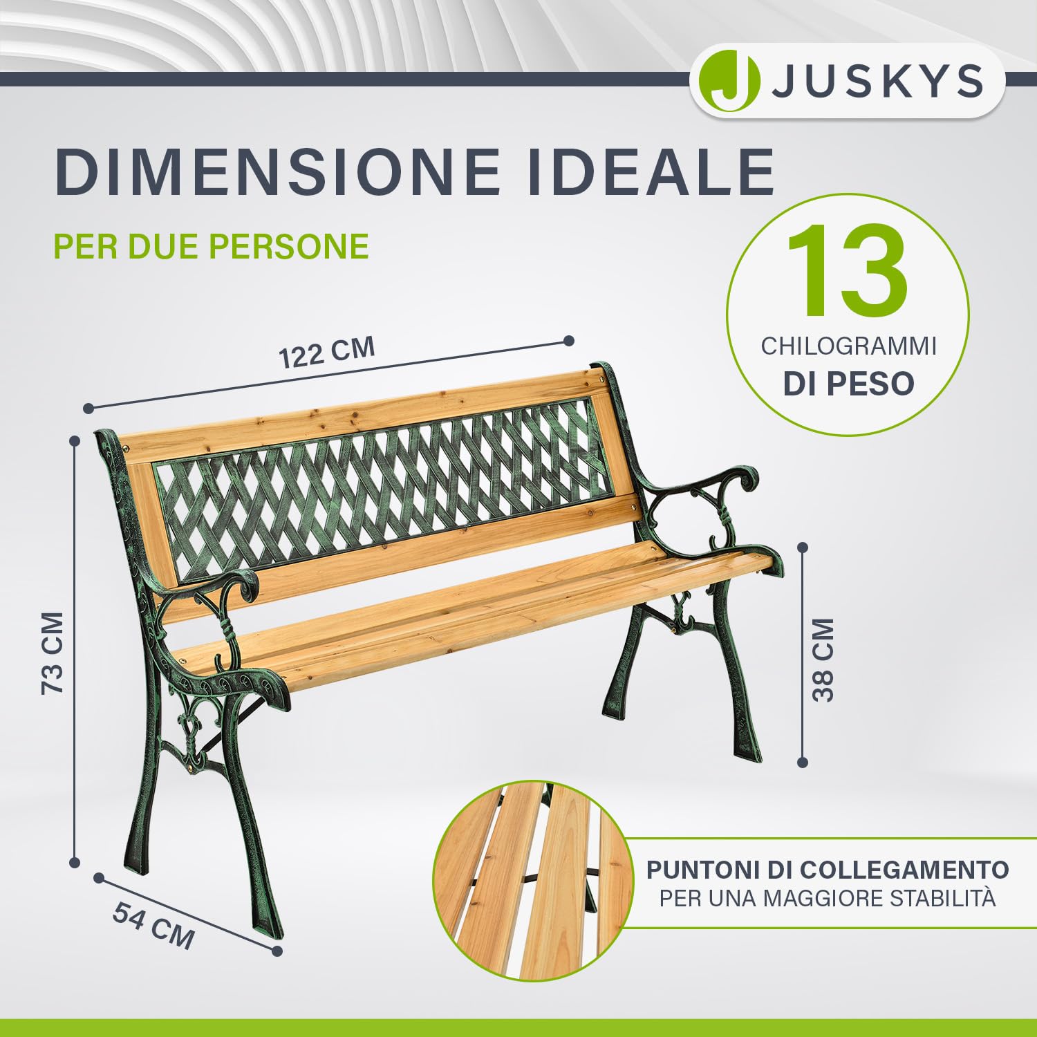 Juskys Panchina da giardino Pisa - Panchina in legno per 2 persone con braccioli e schienale - Resistente alle intemperie 122x54x73 cm - Elementi laterali in ghisa