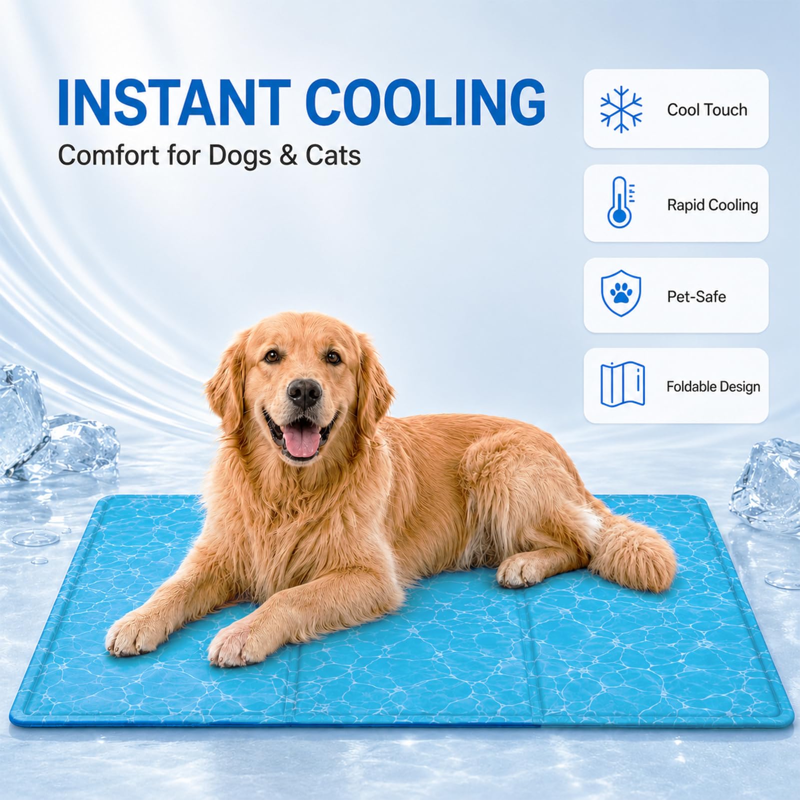 Alfombra Refrescante para Perros y Gatos, Cama de Gel Resistente a Arañazos, Cojín Frío Plegable Impermeable para Interior Exterior Viaje Coche Transportín Sofá (Blue,70×110cm)