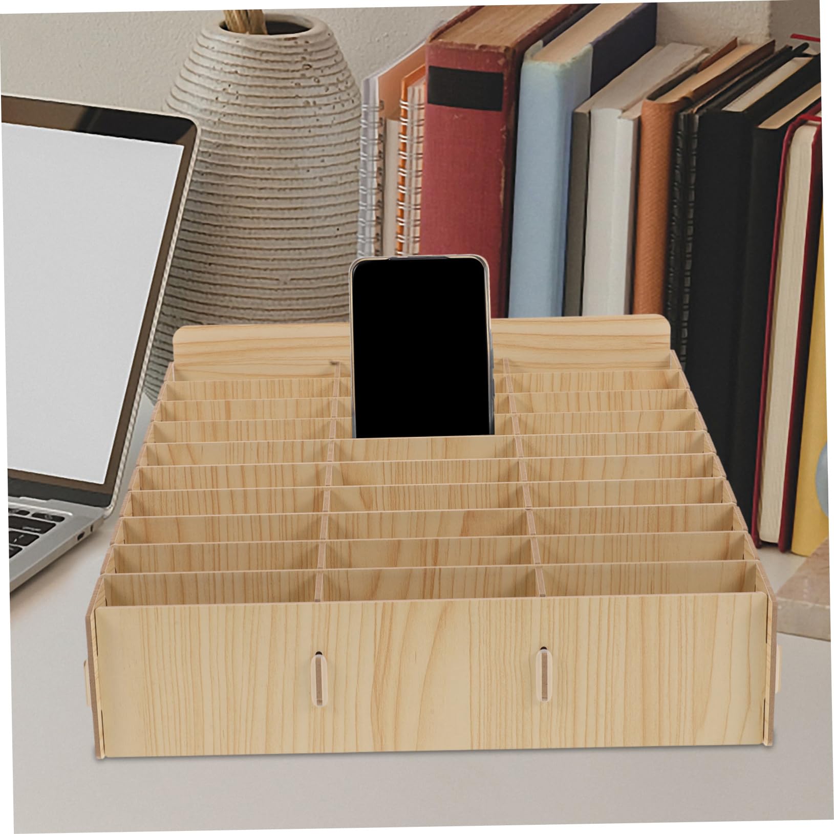 Scatola Portaoggetti per Telefono Cellulare 30 Scomparti in Legno Beige | Organizer da Scrivania Multi-scomparto, Porta Calcolatrice e Cavi, per Aula e Scuola