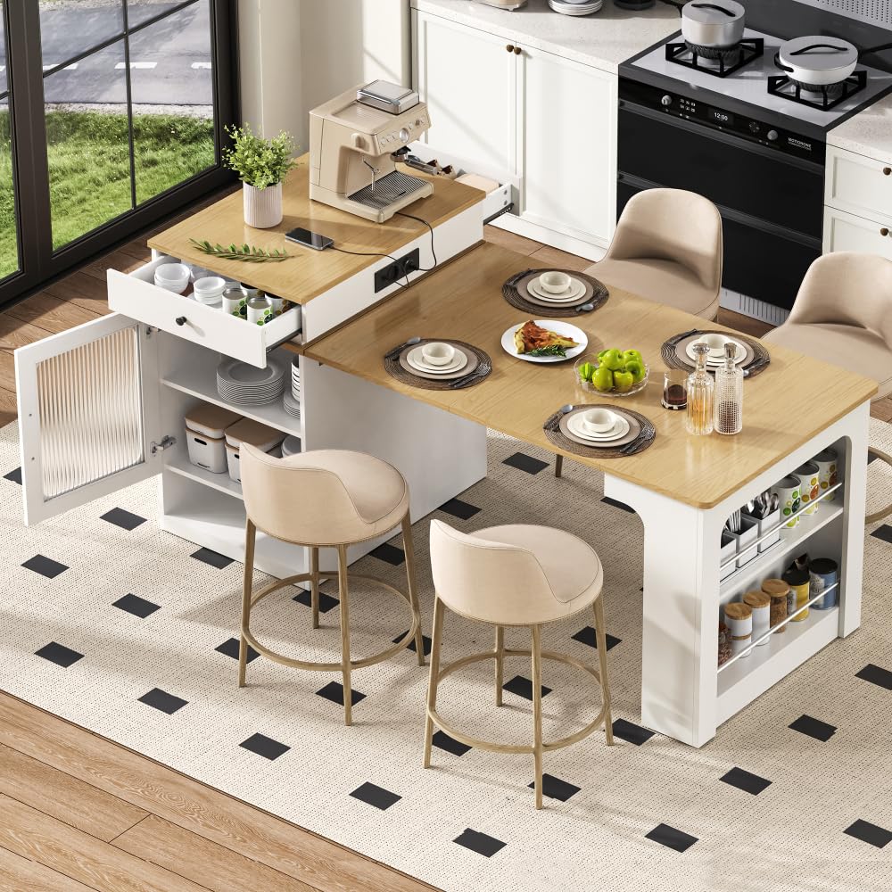 mobile Isola da cucina 71(151) x80x92 cm,tavolo da pranzo estensibile con piano rimovibile,tavolo da bar con presa multipla, isola cucina su ruote per sala da pranzo(A-Bianco+Naturale)