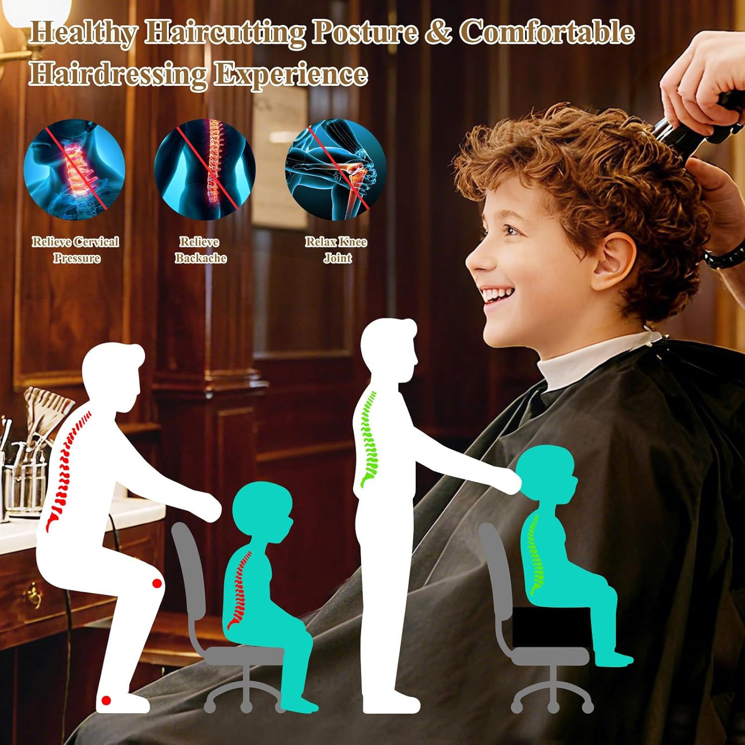 Barber Booster Seat for Kids, 18 x 13 x 7 in 3-Layer Adjustable Children Salon Booster Seat for Hair Cutting with 45D High-Density Sponge, Leather Styling Chair Booster Cushion for Salon, Dinner Table