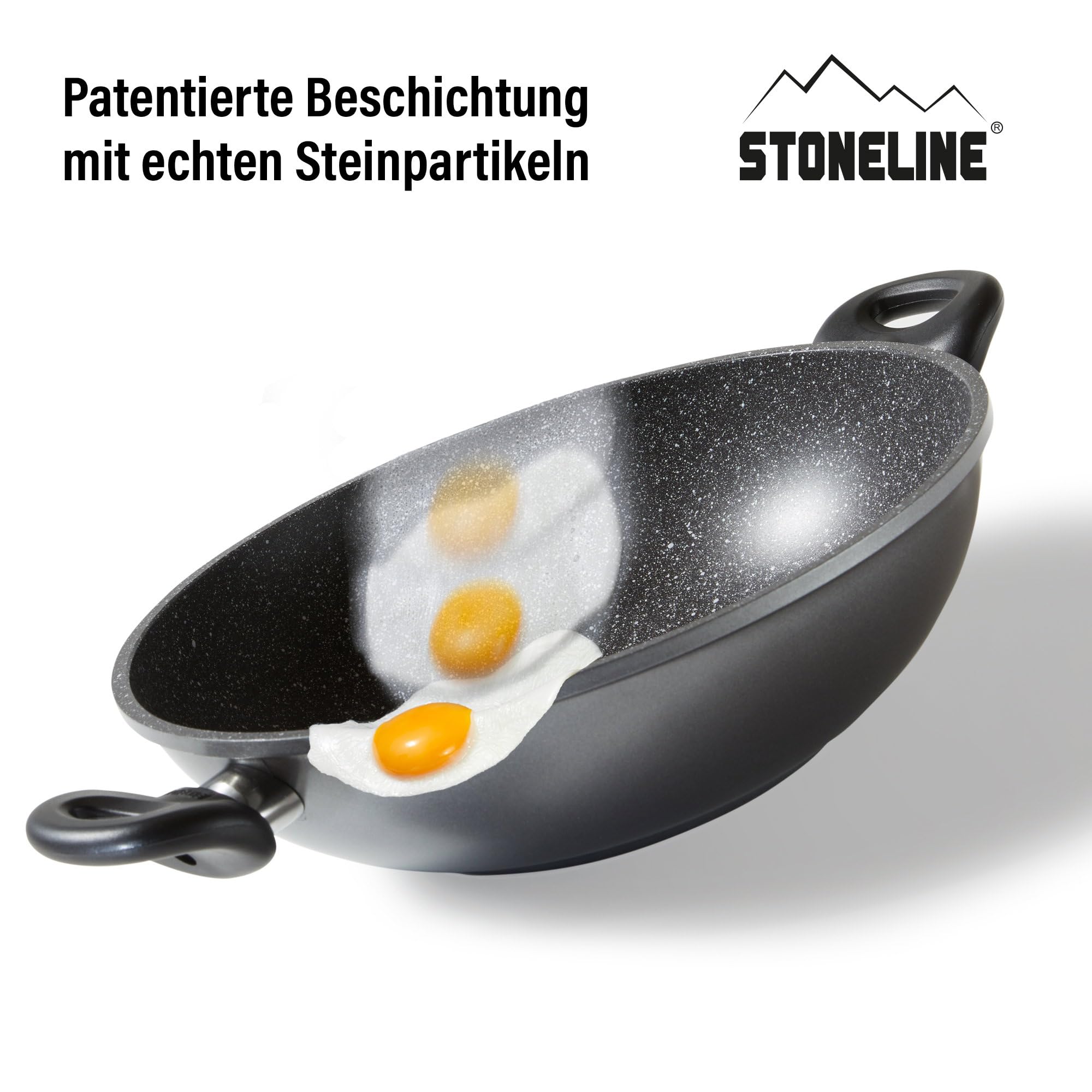 STONELINE Wok 28cm, mit Deckel, Aluguss, Wok Pfanne beschichtet mit echten Steinpartikeln, grau, ohne Fett oder Öl kochen und braten, großer Wok Induktion