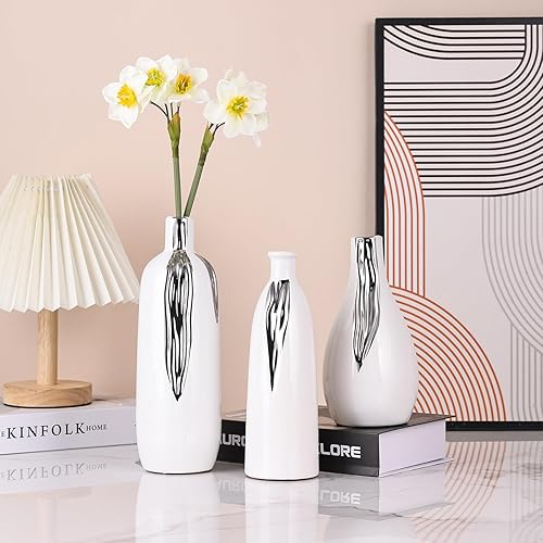 Miniatura 5 de Jarrón de cerámica de 3 piezas, jarrones blancos y plateados para decoración del hogar, jarrones decorativos para repisas, estantes y decoración de