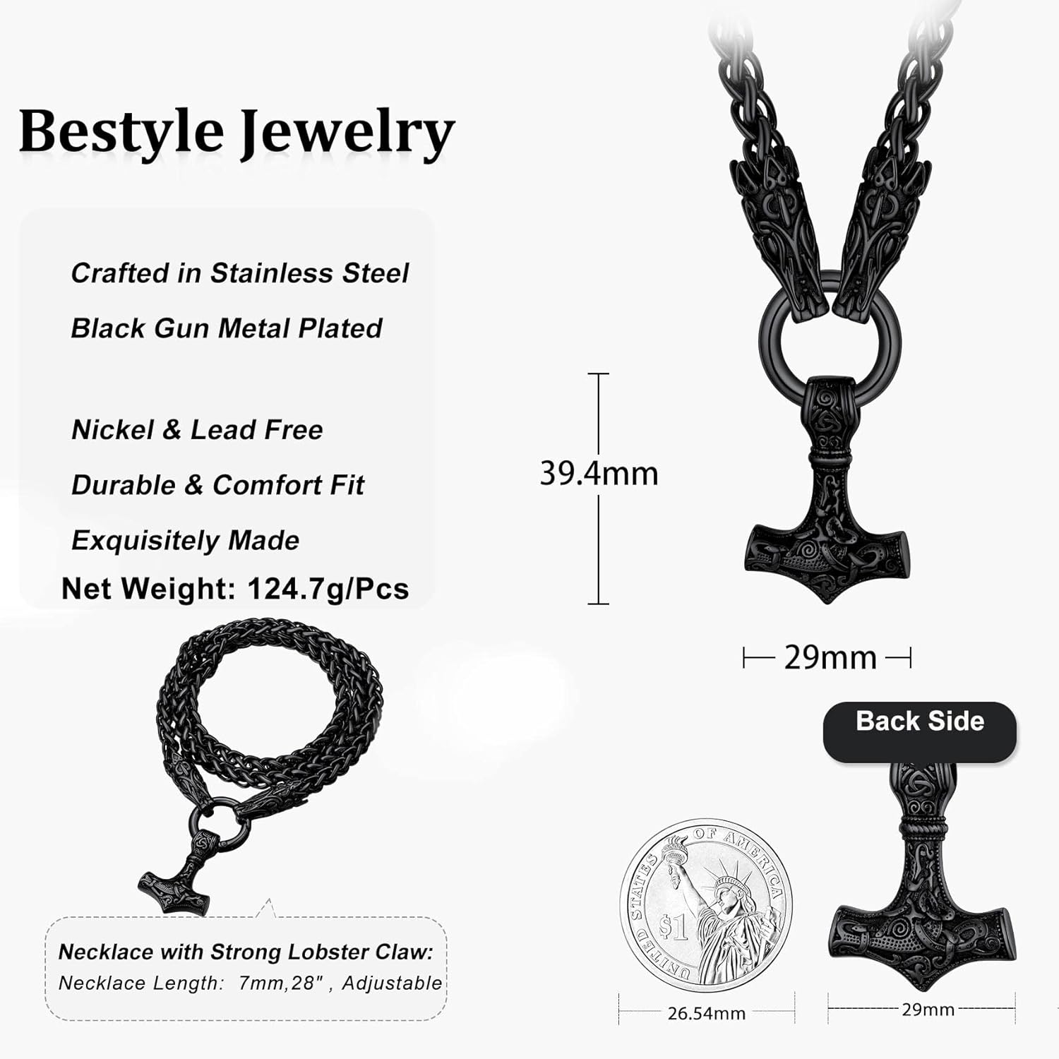 Bestyle Vintage Hammer Necklace for Men Boys Stainless Steel Hammer Mjolnir Pendant Powerful Rune Amulet Noridc Jewelry Gift for Viking Lover-Gift Packaged - Image 7