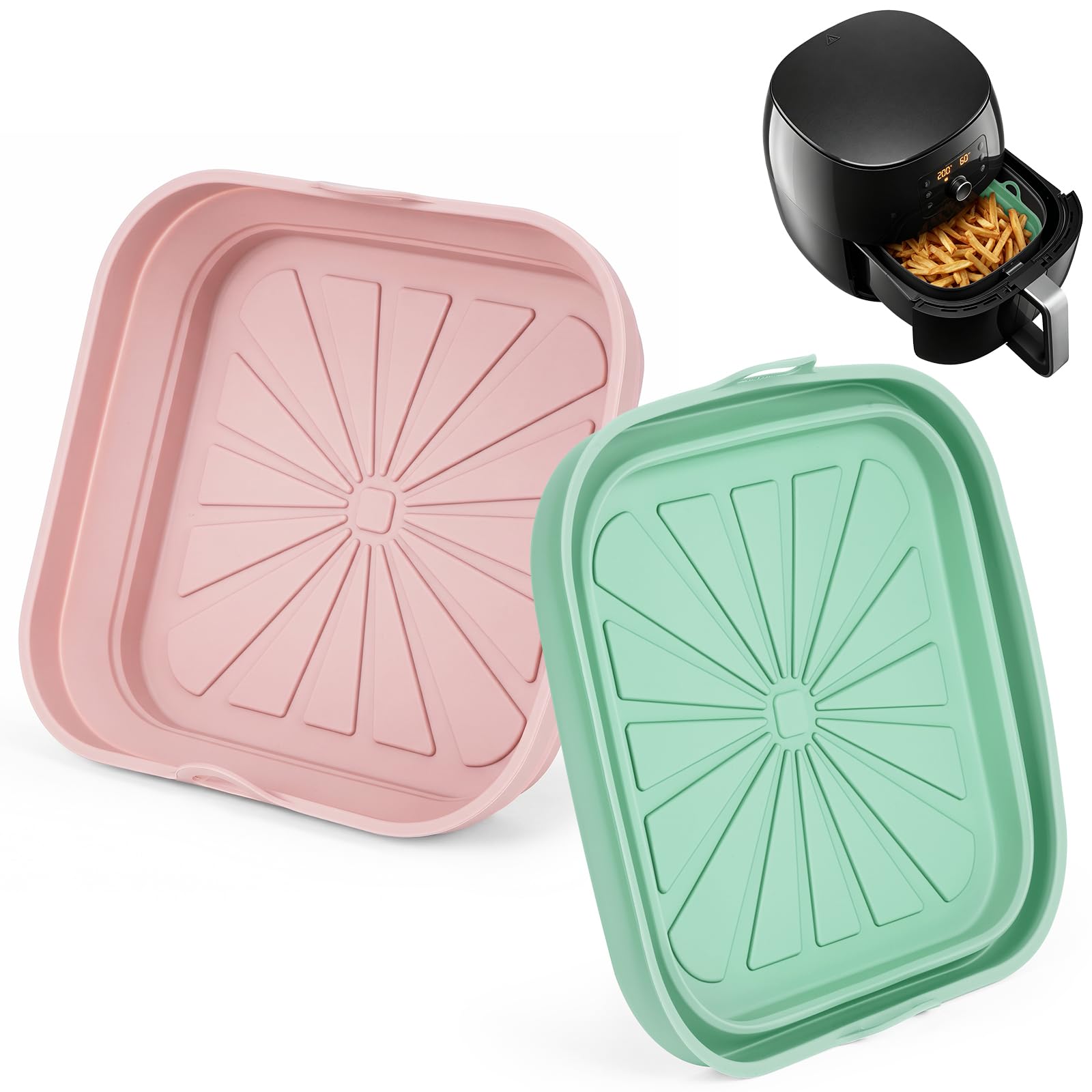 2 Pack Air Fryer Liners Silicone, Reusable & Foldable Airfryer Inserts with Handles, Kitchen Accessories for Airfryers, Oven & Microwave