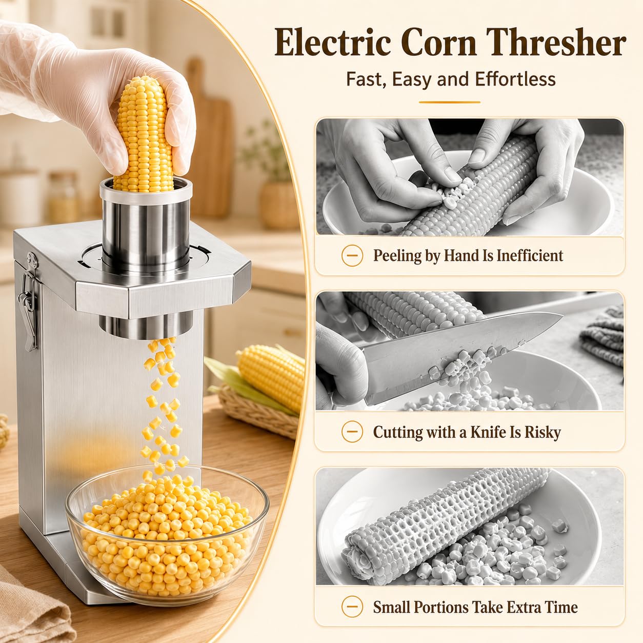 40W Automatische Maisentkerner-Maschine, 6,5 cm Schacht | Schneller Elektrischer Entkerner aus Edelstahl. Perfekt für Imbissstände, Konserven und Gastronomie.