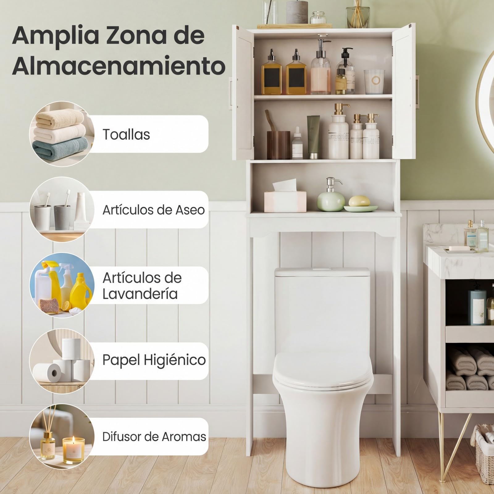 COSTWAY Mueble sobre Inodoro, 2 Puertas, 2 Baldas Regulables y 1 Estante, Armario Lavadora, Mueble Encima WC, 63x23x168 cm, Blanco