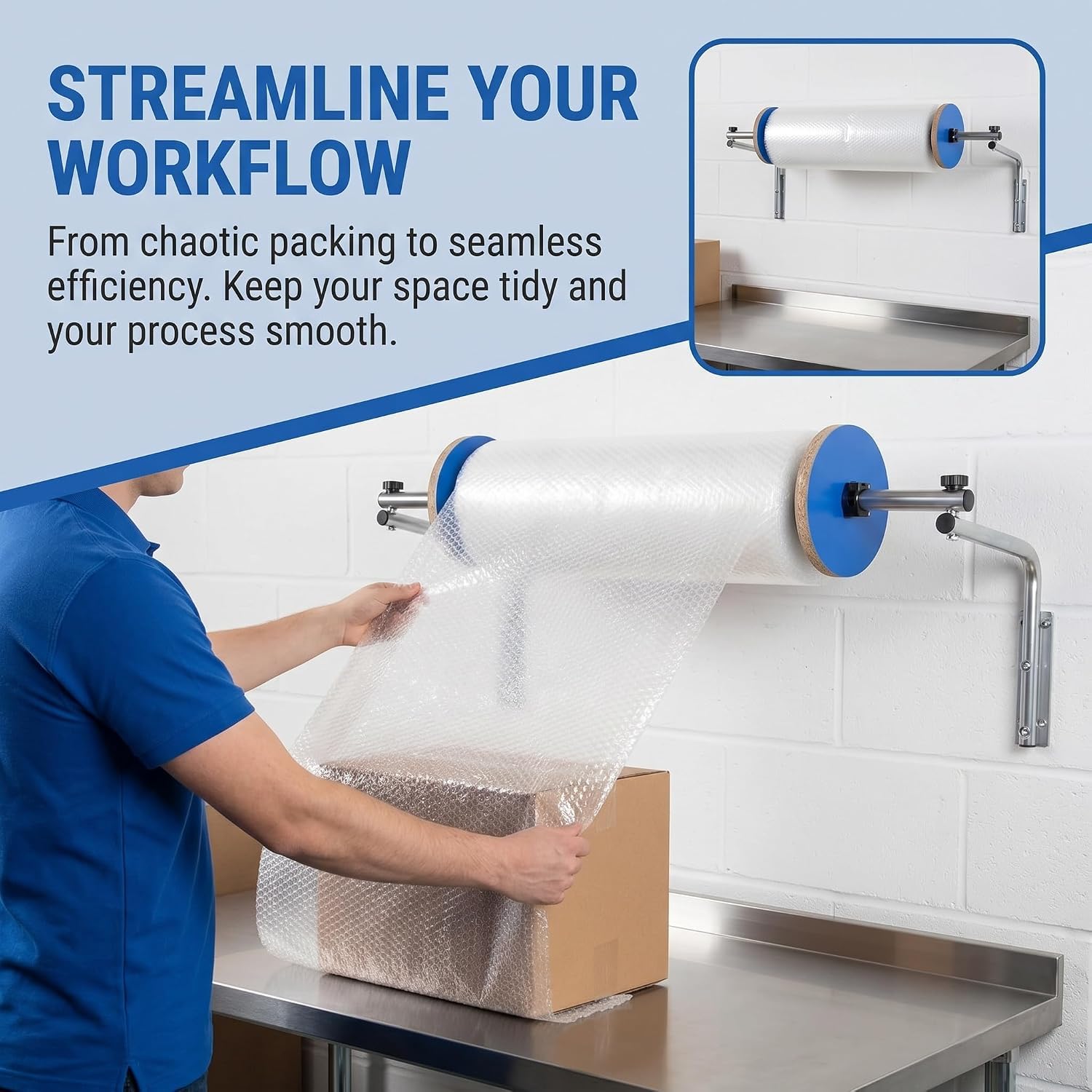 Dispenser per Rotolo di Pluriball da Parete, 40 Cm, Manuale, in Acciaio Zincato, Facile da Installare, per Imballaggio, Trasloco E Spedizione.